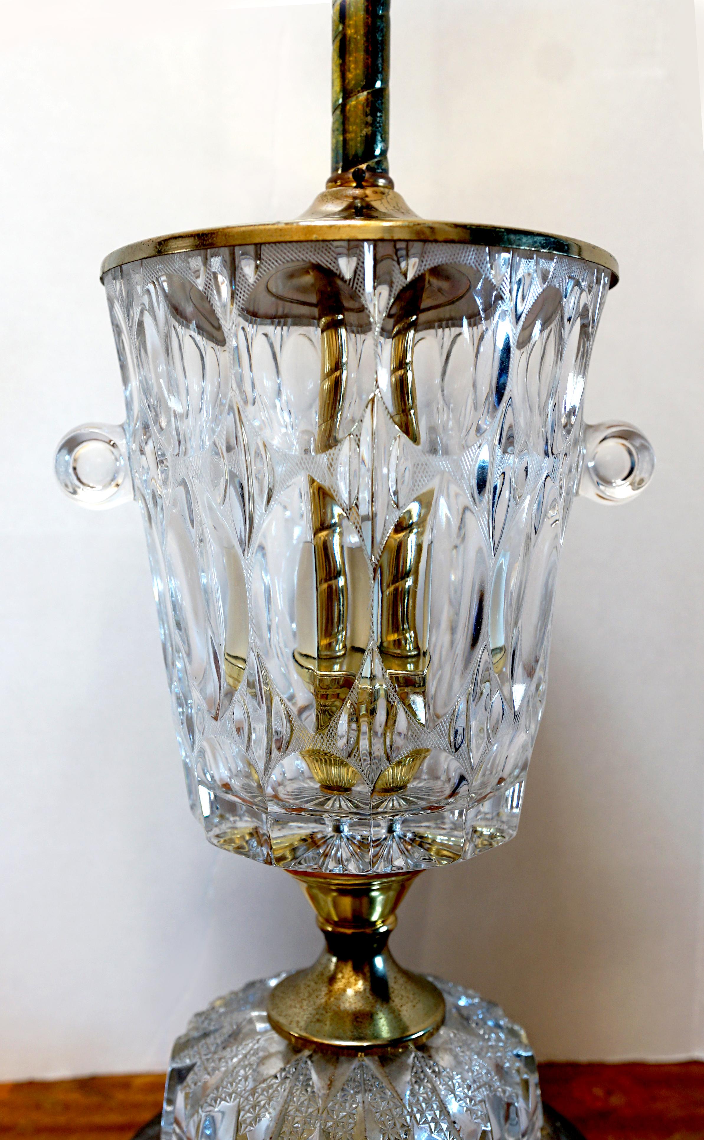 Mid-Century Modern 1940s Cut Crystal Thumbprint Brass Mounted Table Lamp For Sale