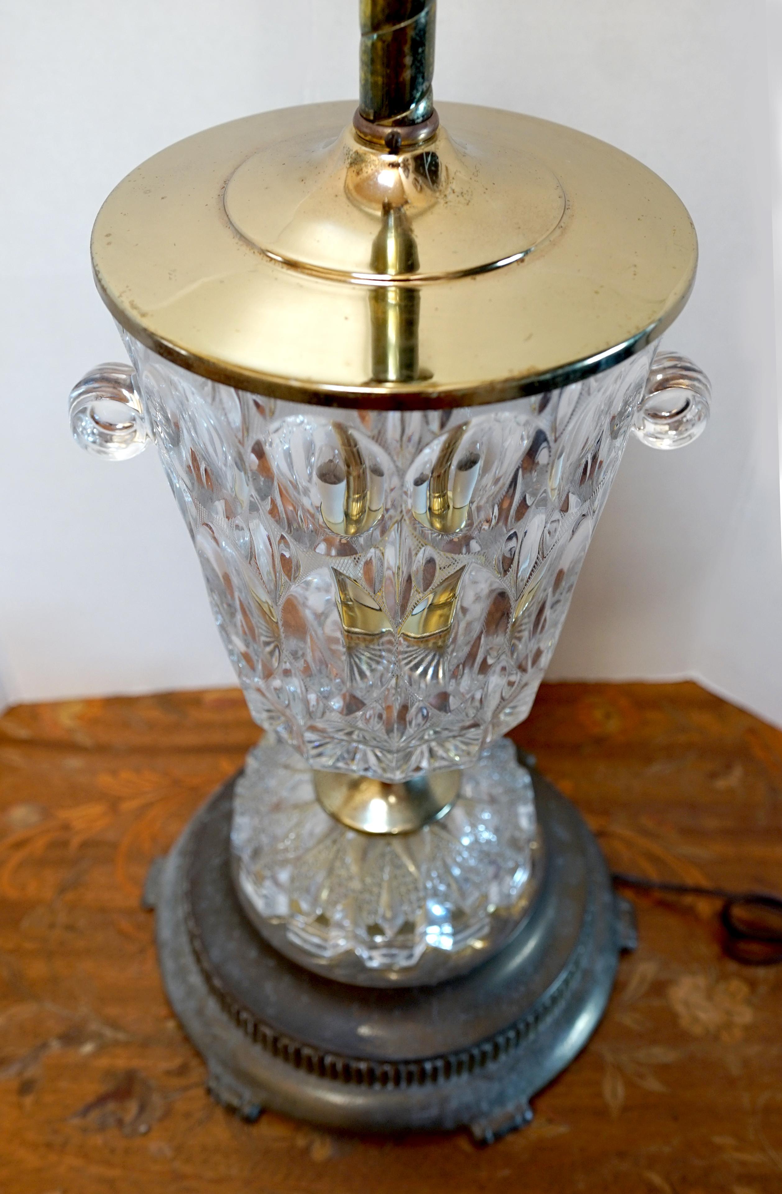 Faceted 1940s Cut Crystal Thumbprint Brass Mounted Table Lamp For Sale