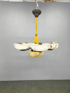 1940s Czech Art Deco Brass Opaline Glass Chandelier