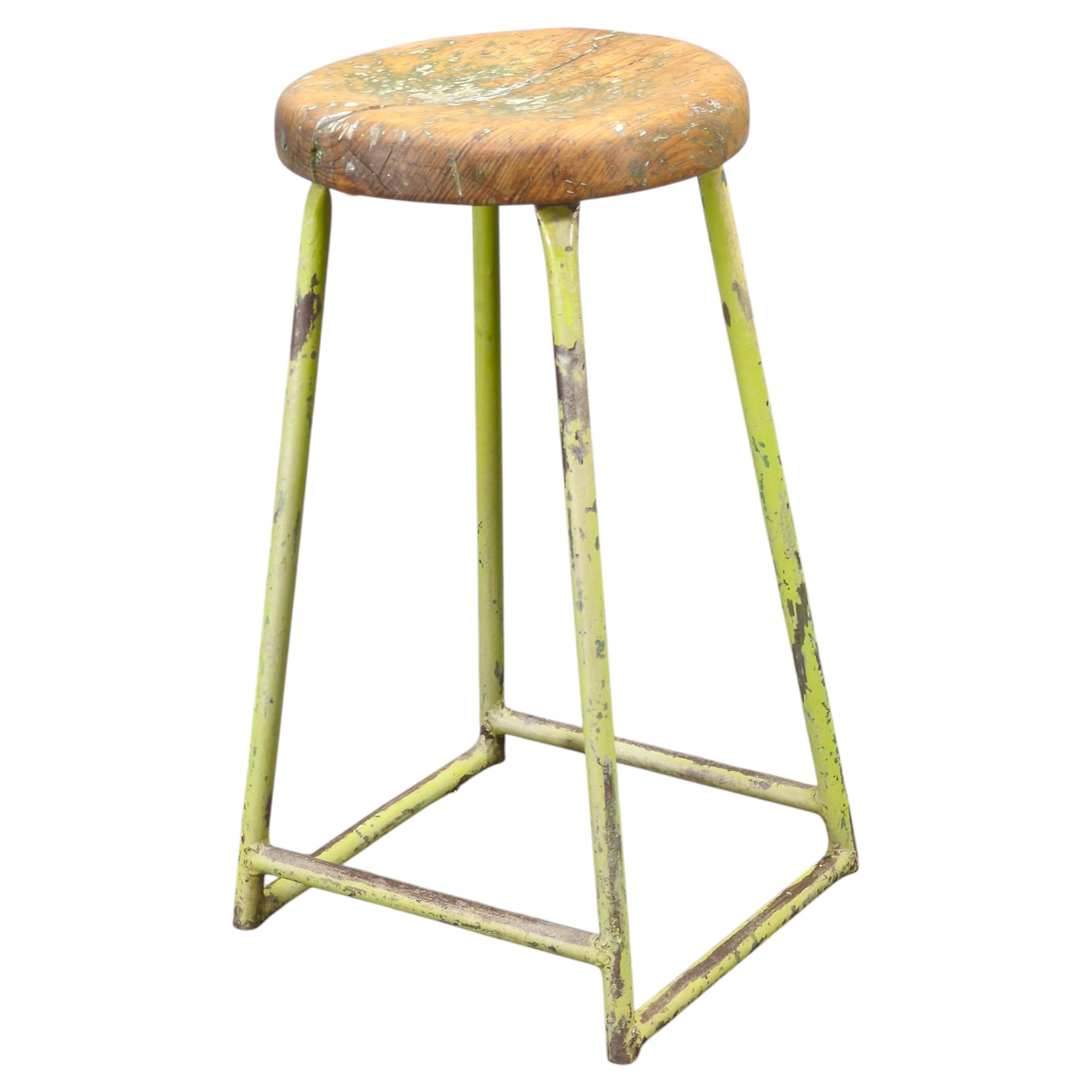 1940s Czech Industrial Stool with Pine Seat and Green Patina