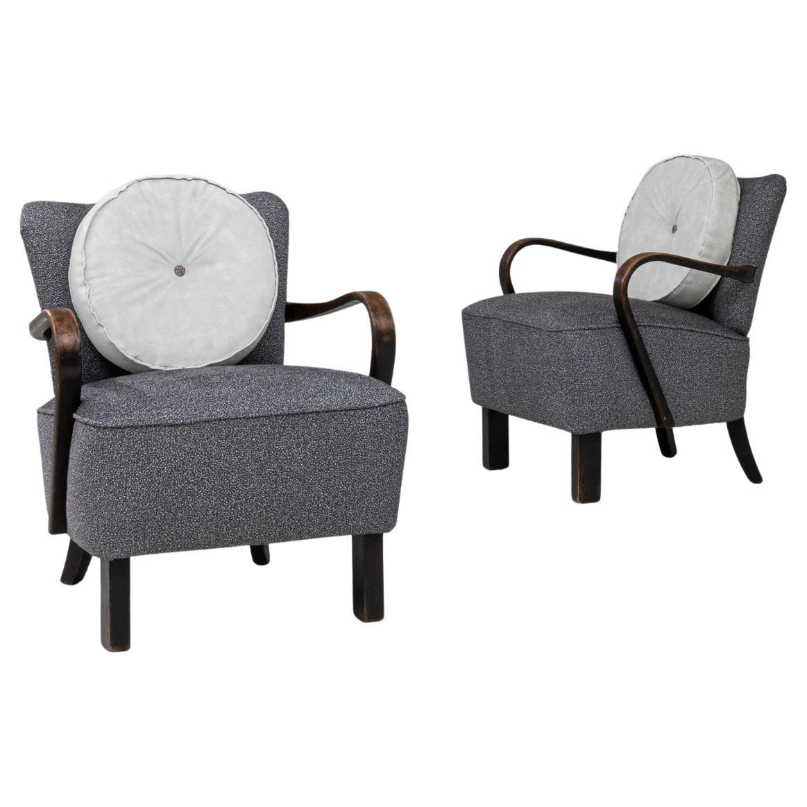1940s Czech Pair of Art Deco Upholstered Armchairs With Round Pillows