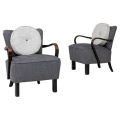 1940s Czech Pair of Art Deco Upholstered Armchairs With Round Pillows
