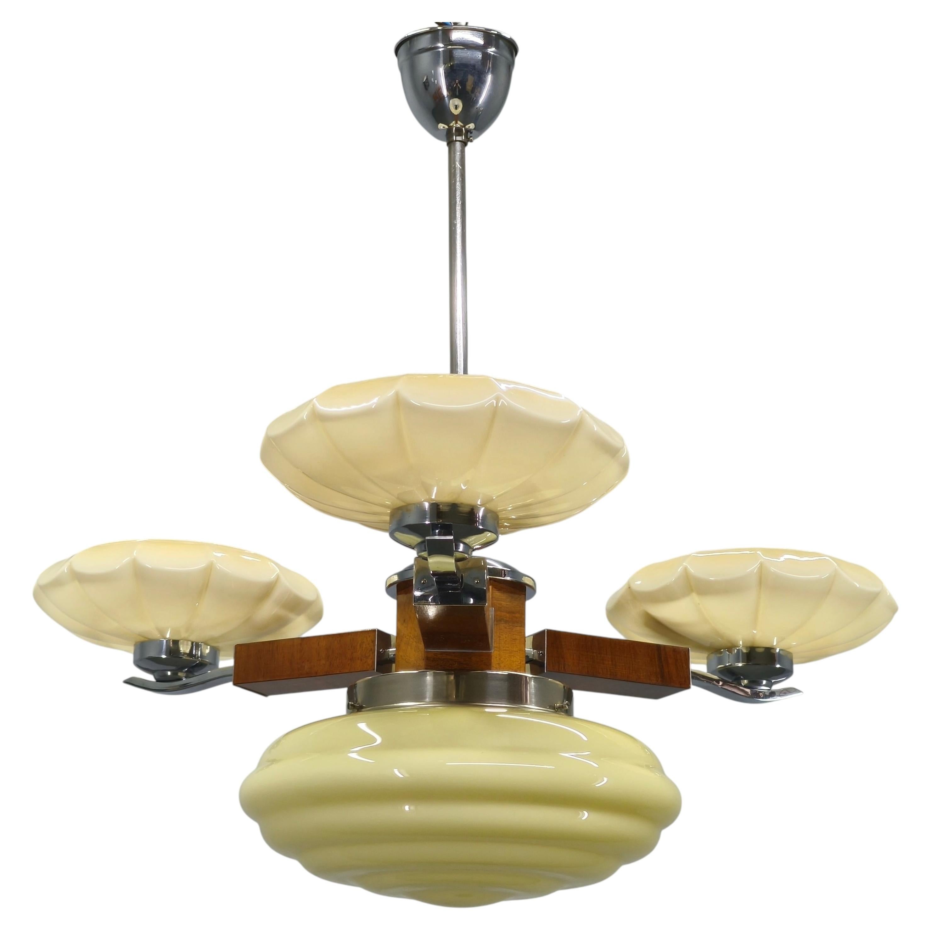 1940s Czechoslovak Art Deco Chandelier in Walnut Chrome and Glass