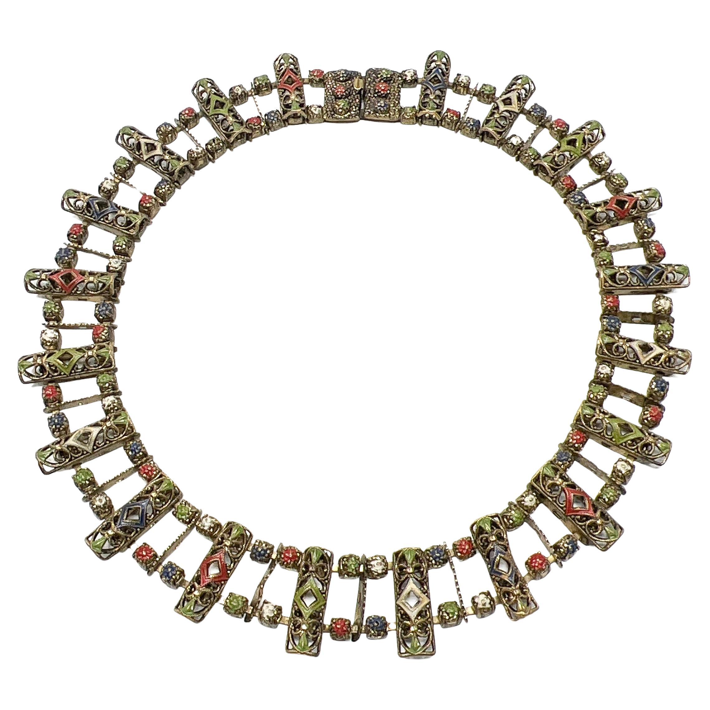 1940s Czechoslovakian Filigree and Enamel Vintage Collar Necklace