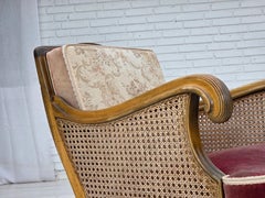 1940s, Danish armchair, woven wool, velour, furniture mesh, carved oak wood.