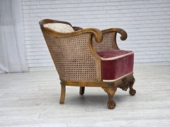 1940s, Danish armchair, woven wool, velour, furniture mesh, carved oak wood.