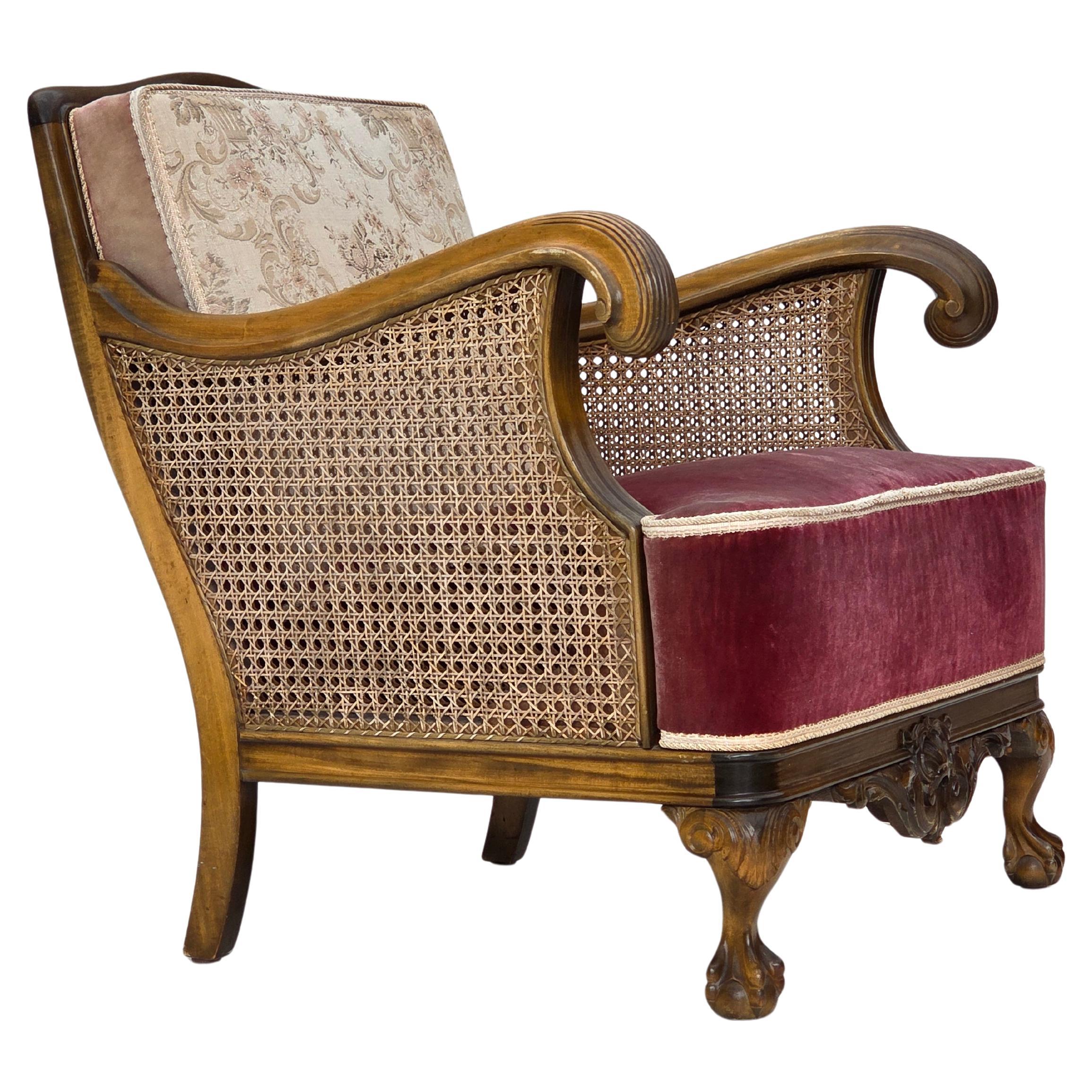 1940s, Danish armchair, woven wool, velour, furniture mesh, carved oak wood.