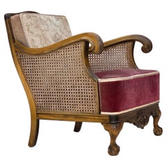 1940s, Danish armchair, woven wool, velour, furniture mesh, carved oak wood.
