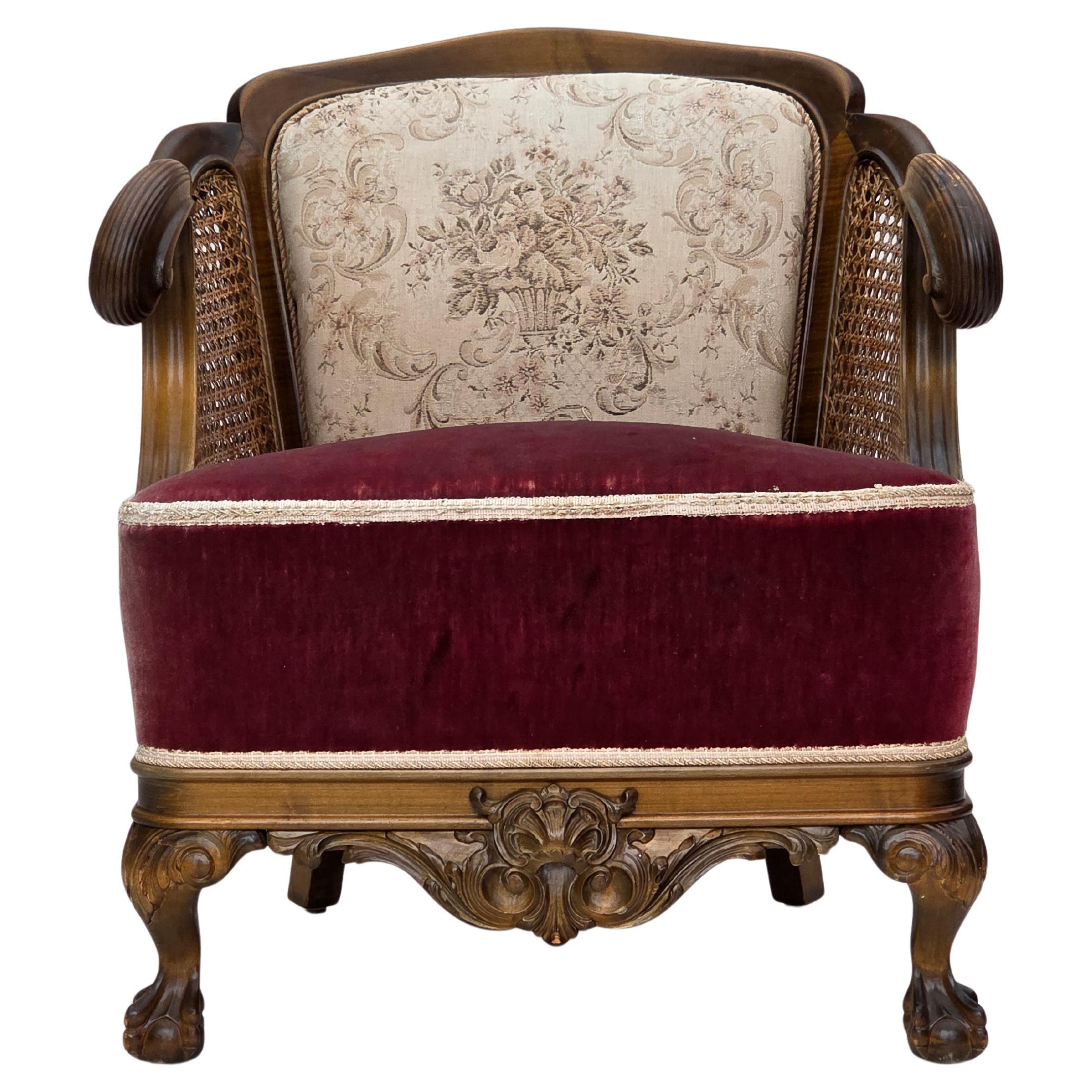 1940s, Danish armchair, woven wool, velour, furniture mesh, carved oak wood.