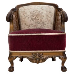 1940s, Danish armchair, woven wool, velour, furniture mesh, carved oak wood.