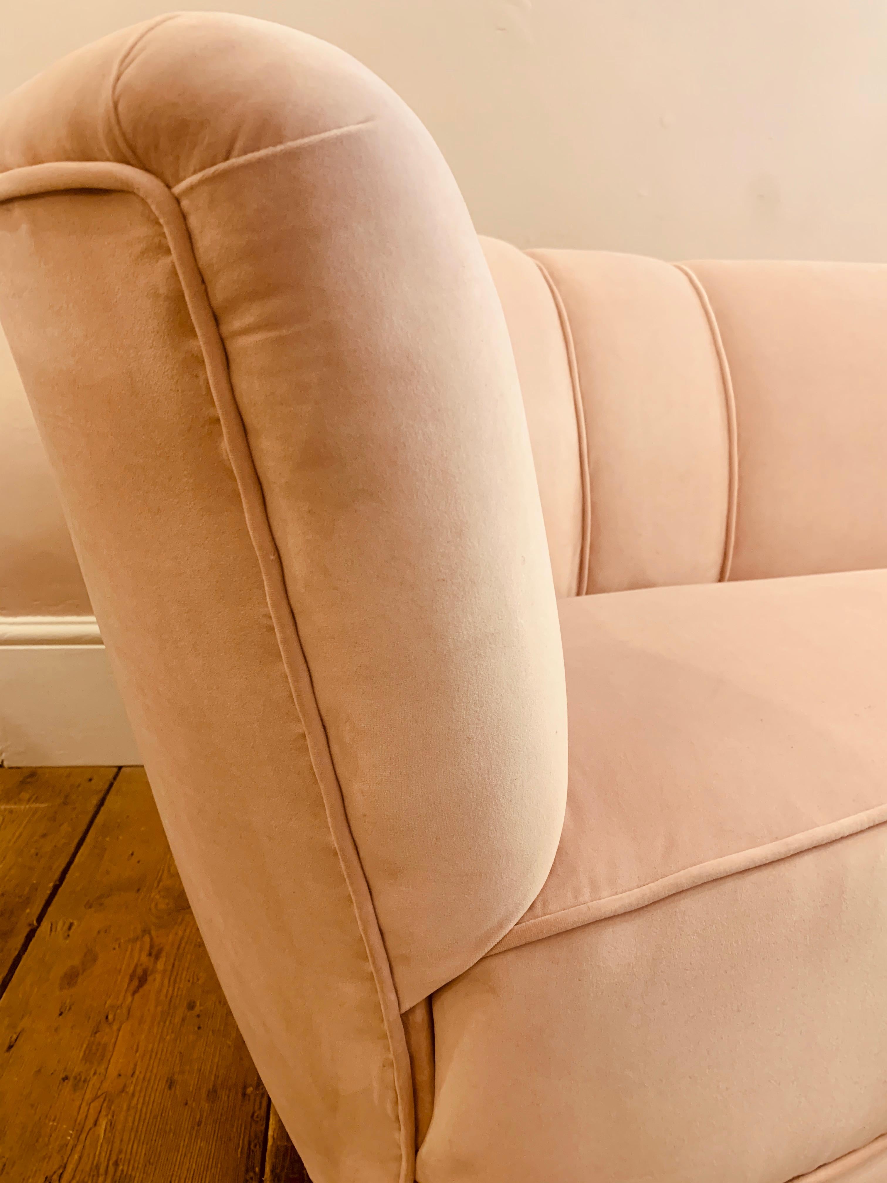 Velvet 1940s Danish Banana Shaped Scalloped Sofa in Blush Pink