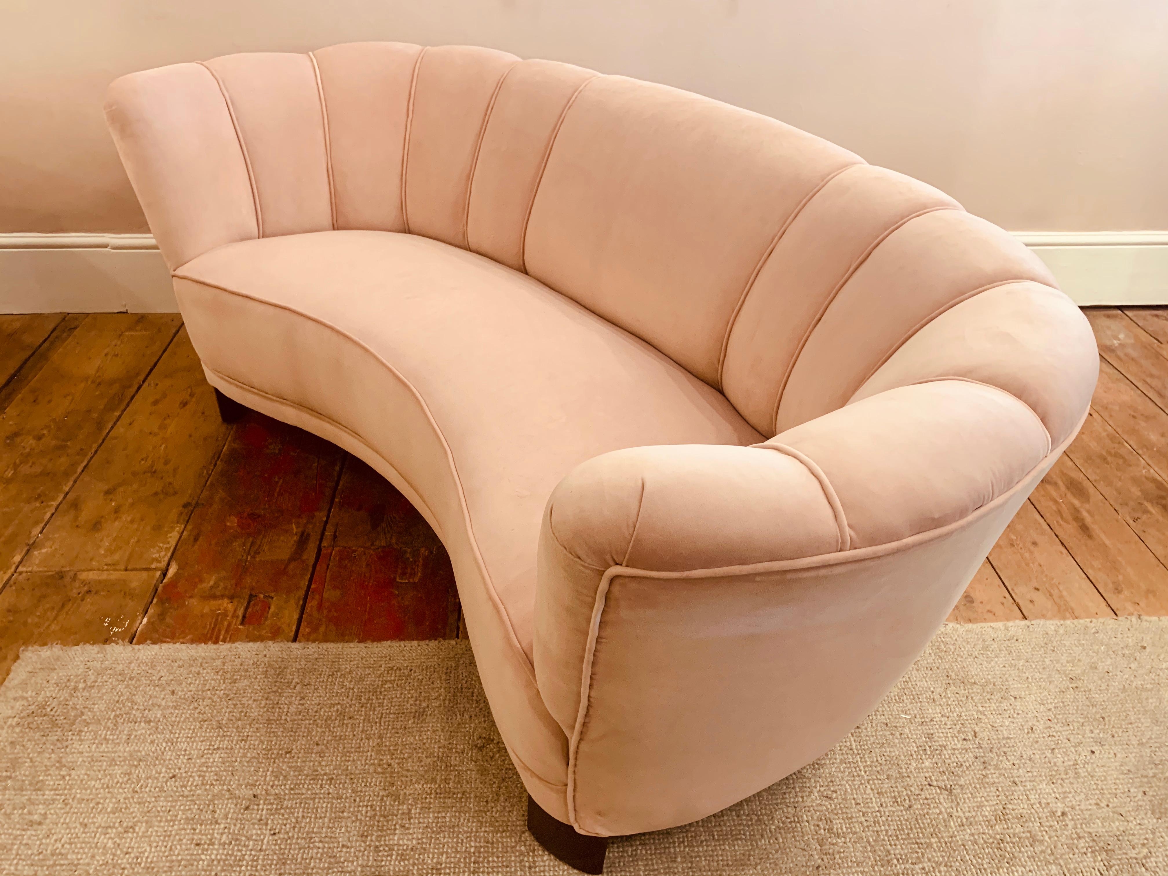 1940s Danish Banana Shaped Scalloped Sofa in Blush Pink 3