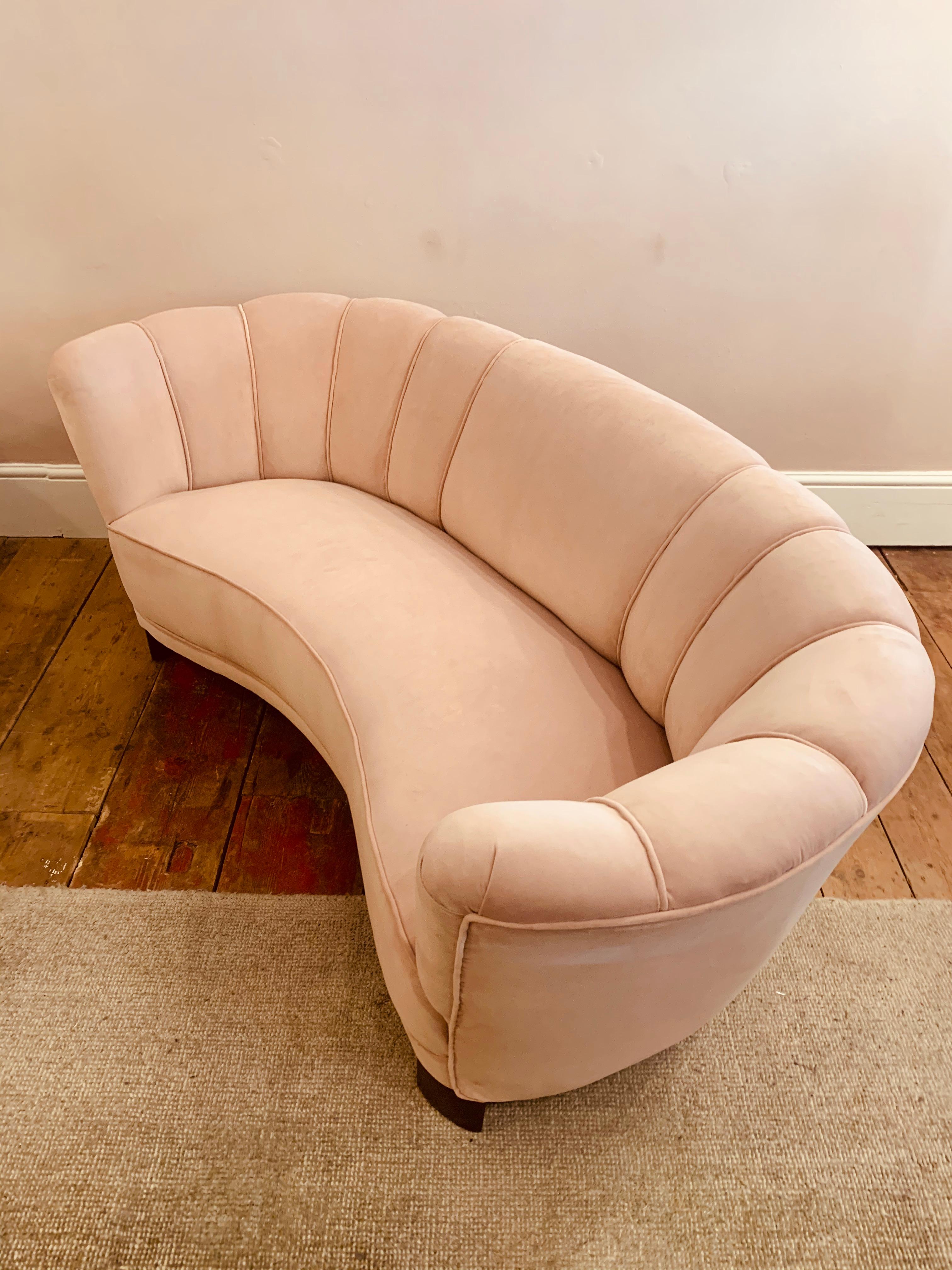 1940s Danish Banana Shaped Scalloped Sofa in Blush Pink 5