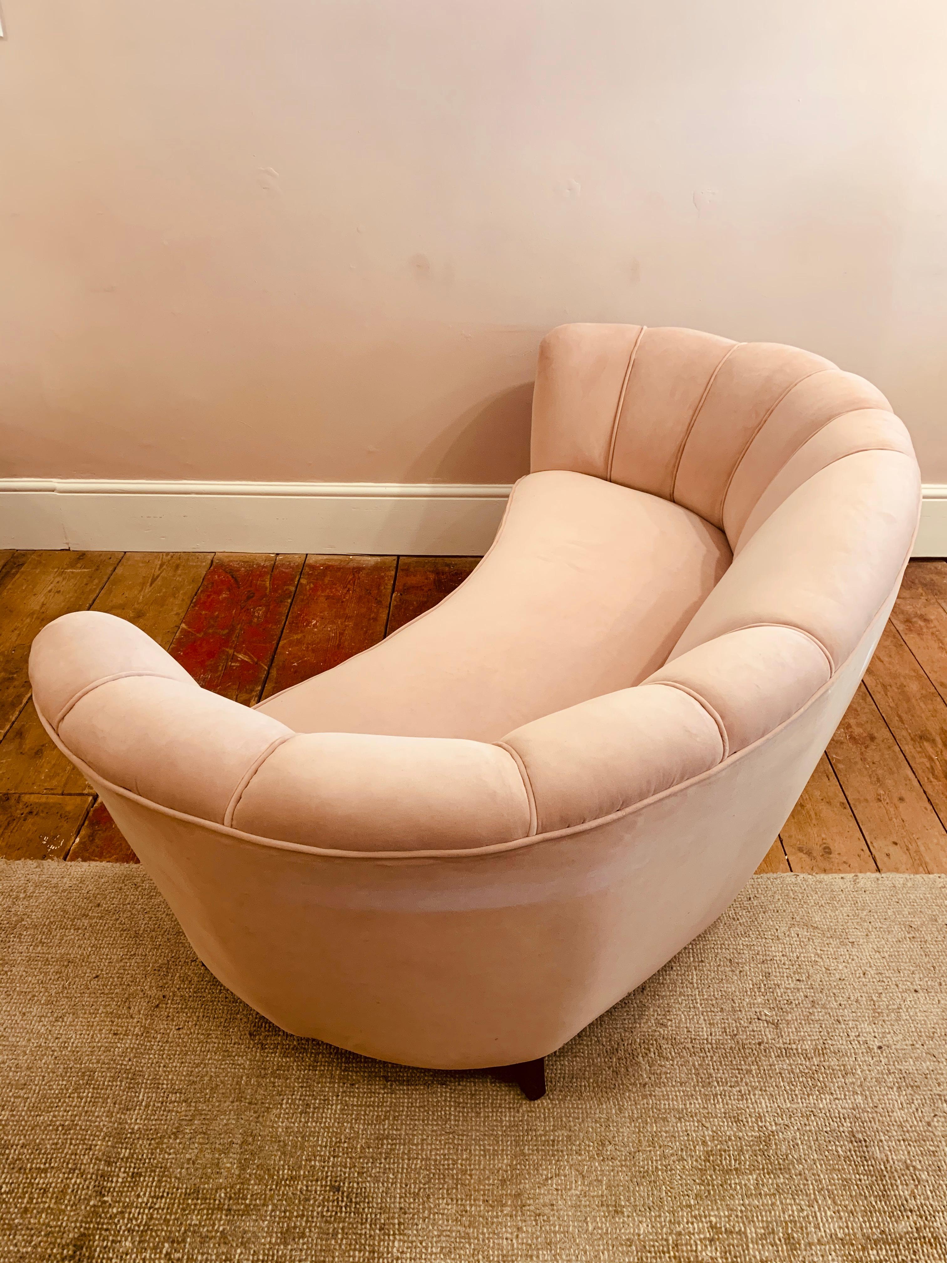 1940s Danish Banana Shaped Scalloped Sofa in Blush Pink 7