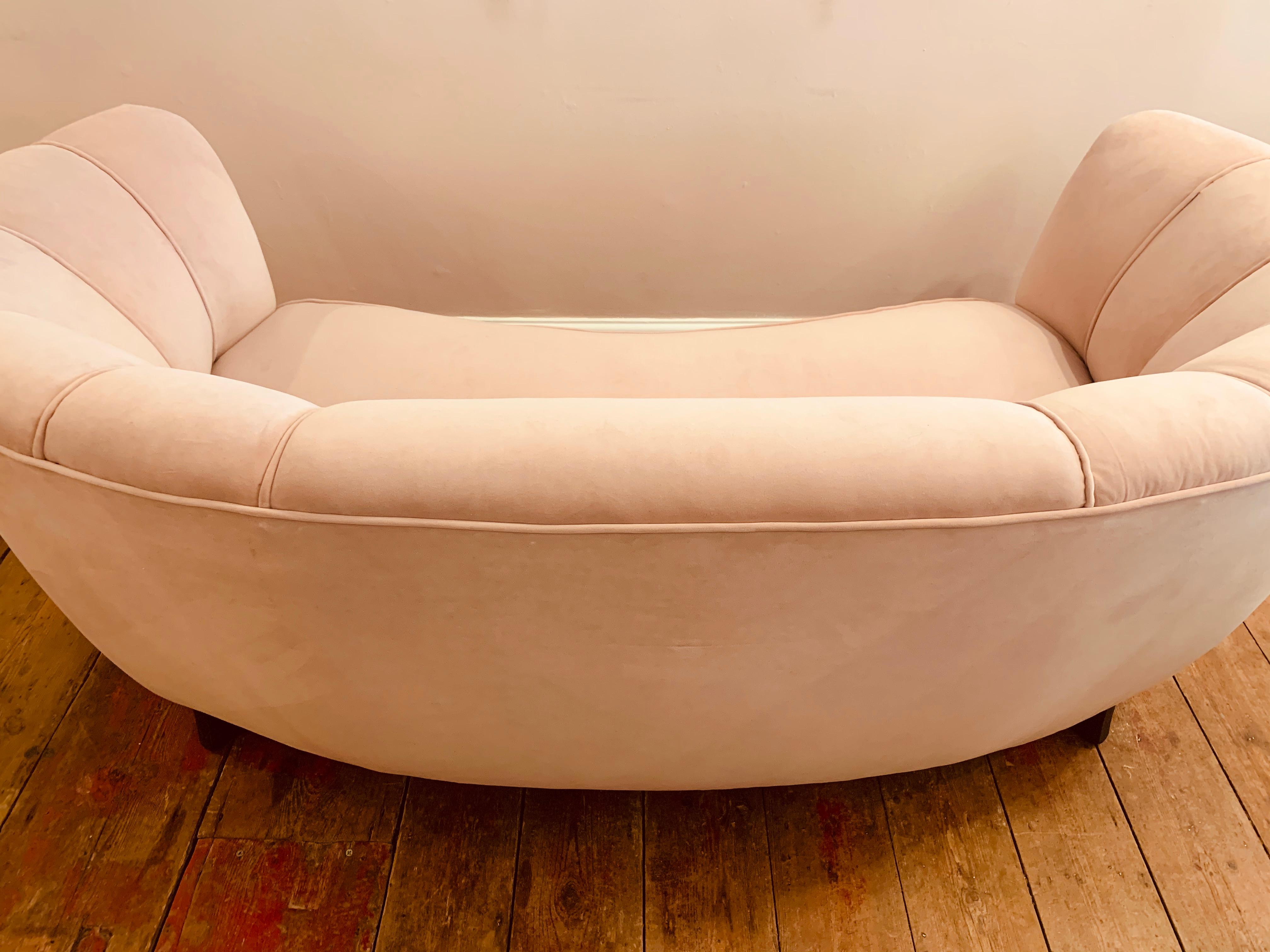 1940s Danish Banana Shaped Scalloped Sofa in Blush Pink 8