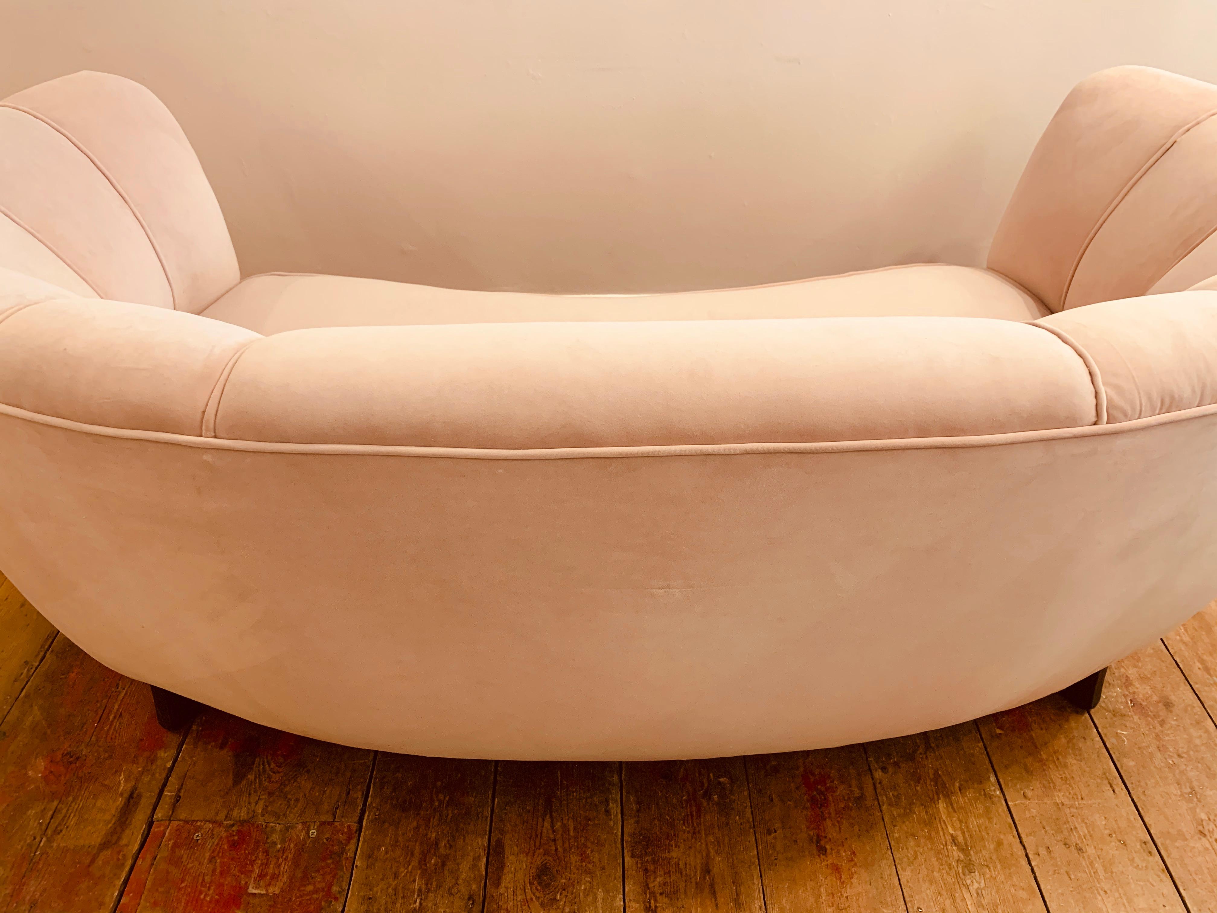 1940s Danish Banana Shaped Scalloped Sofa in Blush Pink 9