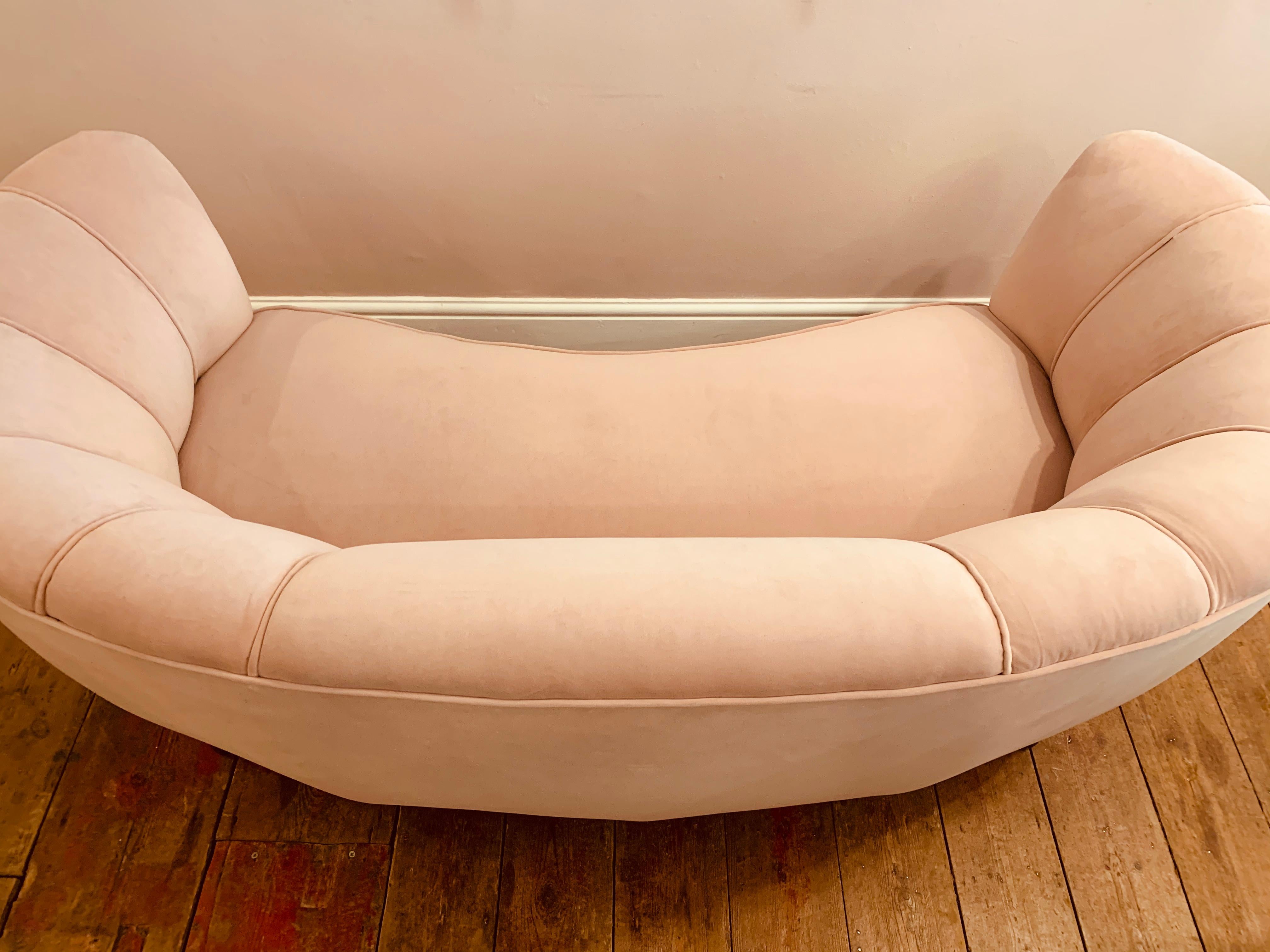 1940s Danish Banana Shaped Scalloped Sofa in Blush Pink 10
