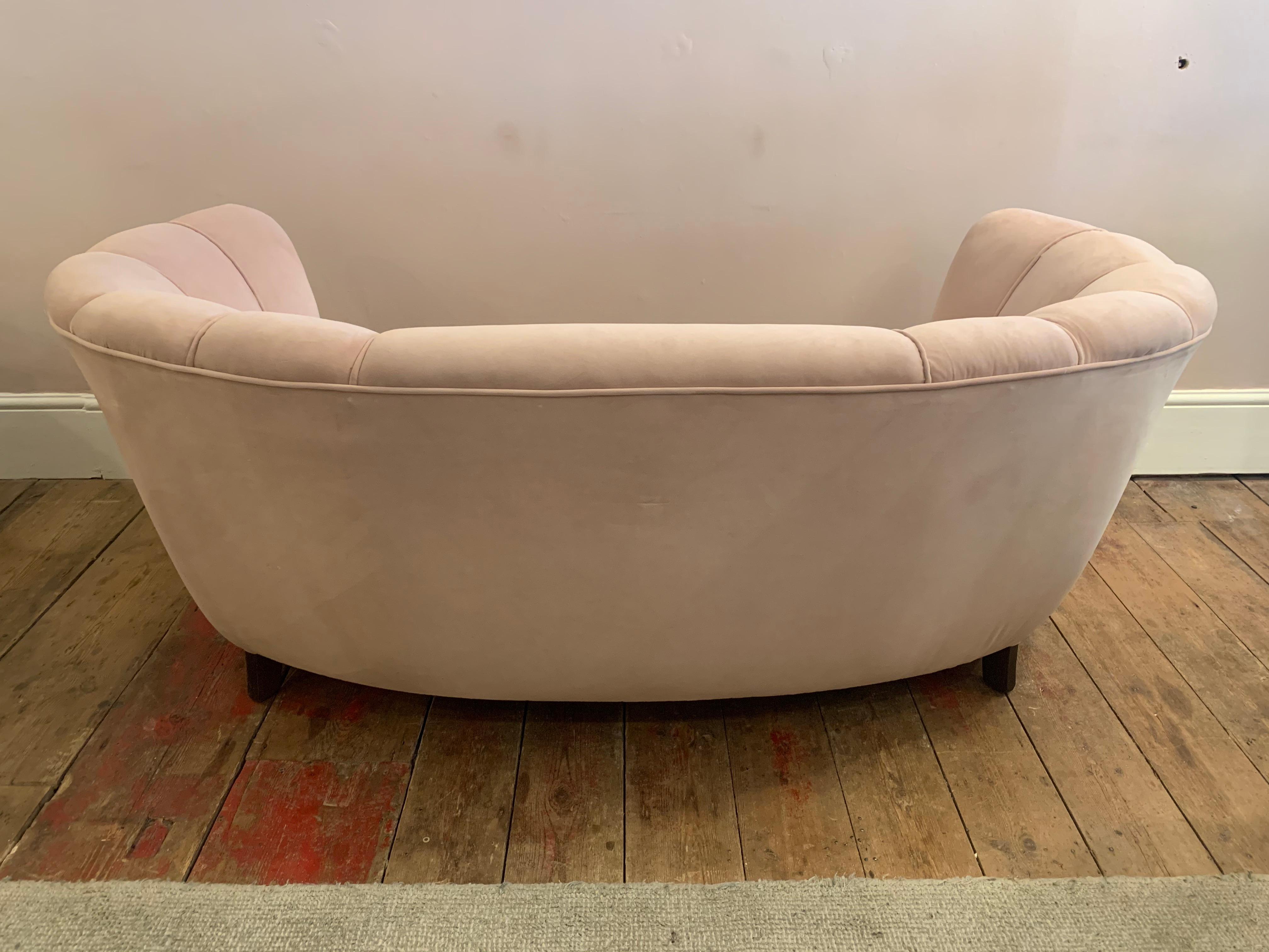 1940s Danish Banana Shaped Scalloped Sofa in Blush Pink 11