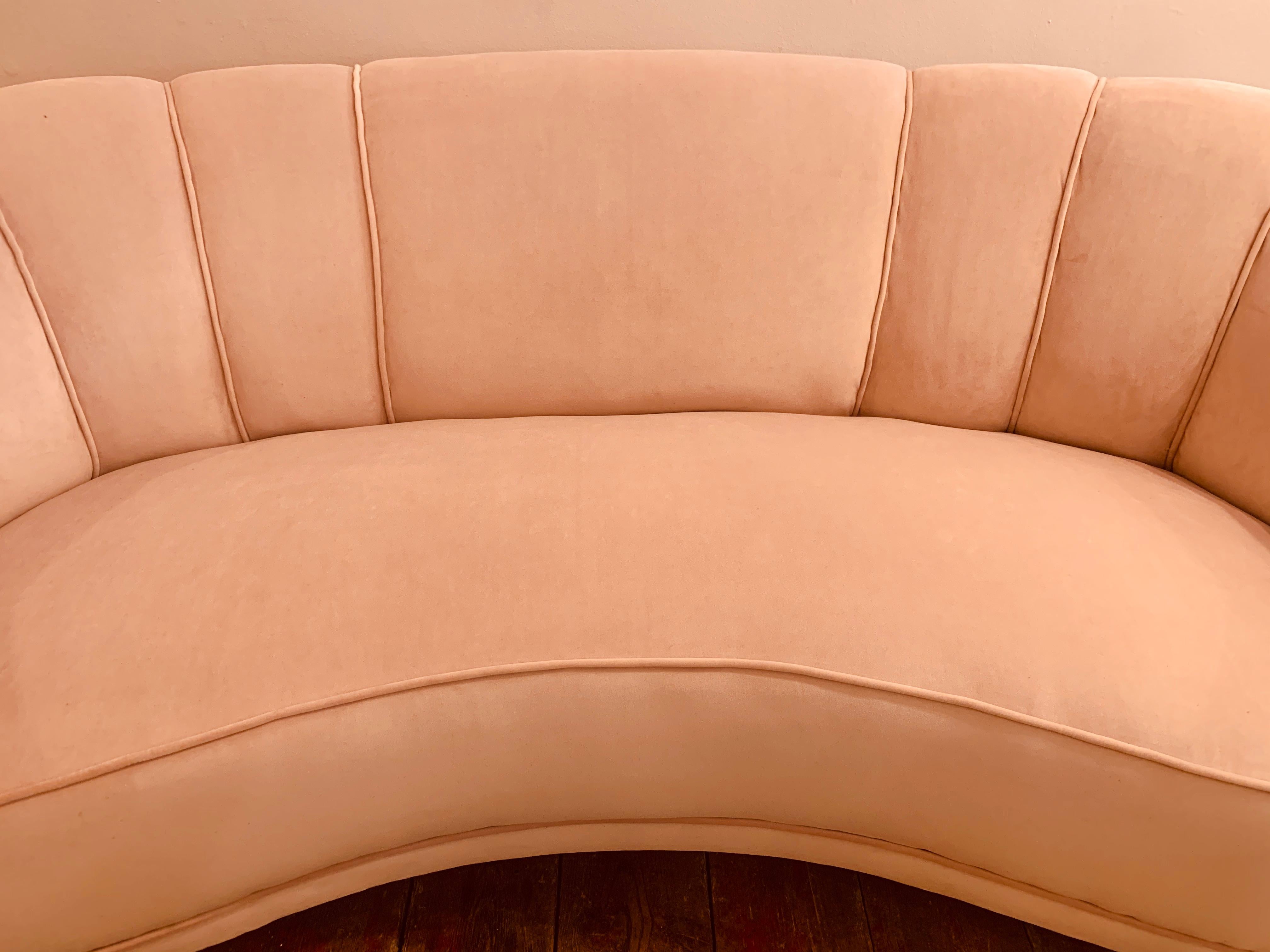 Art Deco 1940s Danish Banana Shaped Scalloped Sofa in Blush Pink