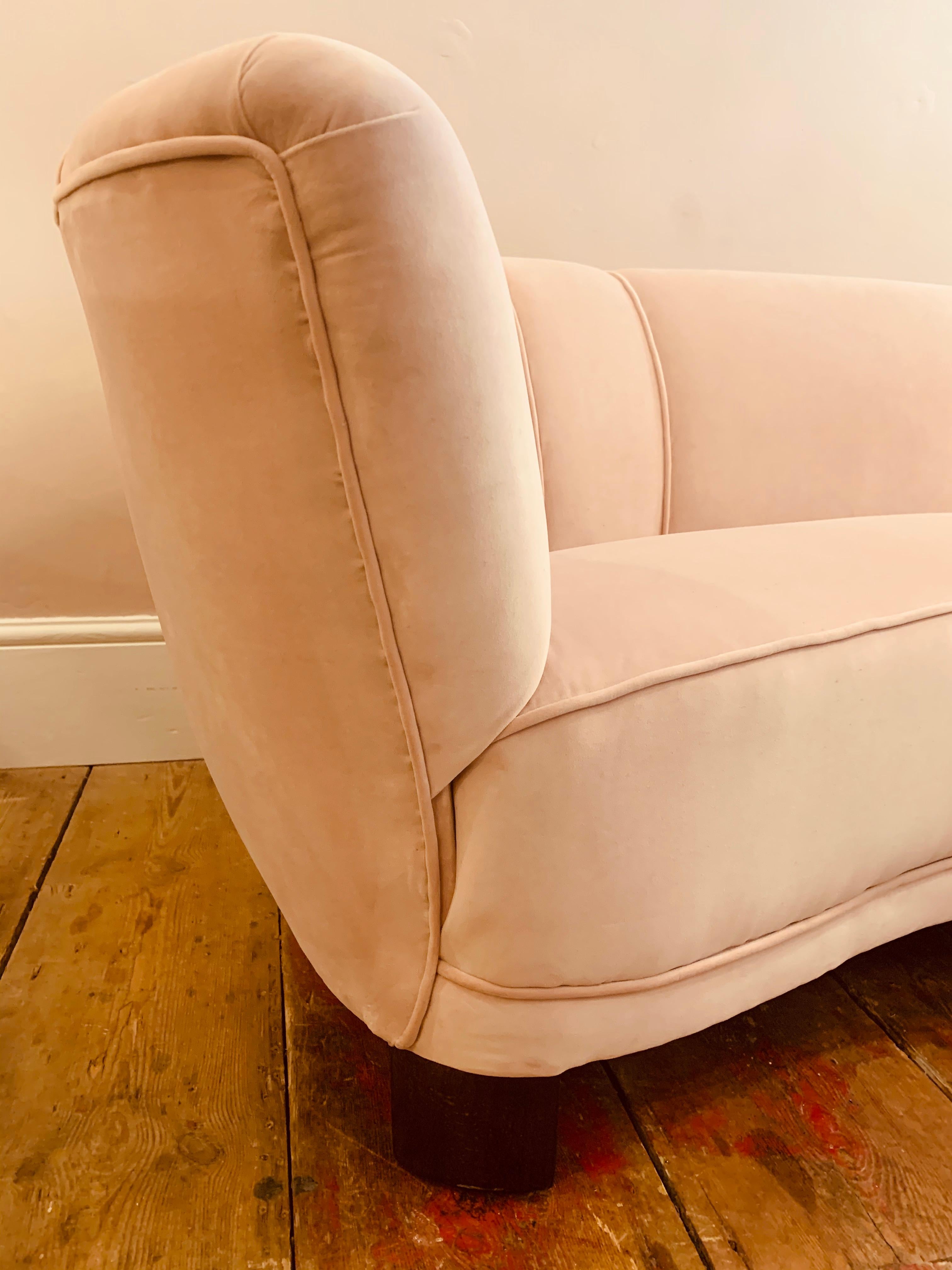 20th Century 1940s Danish Banana Shaped Scalloped Sofa in Blush Pink