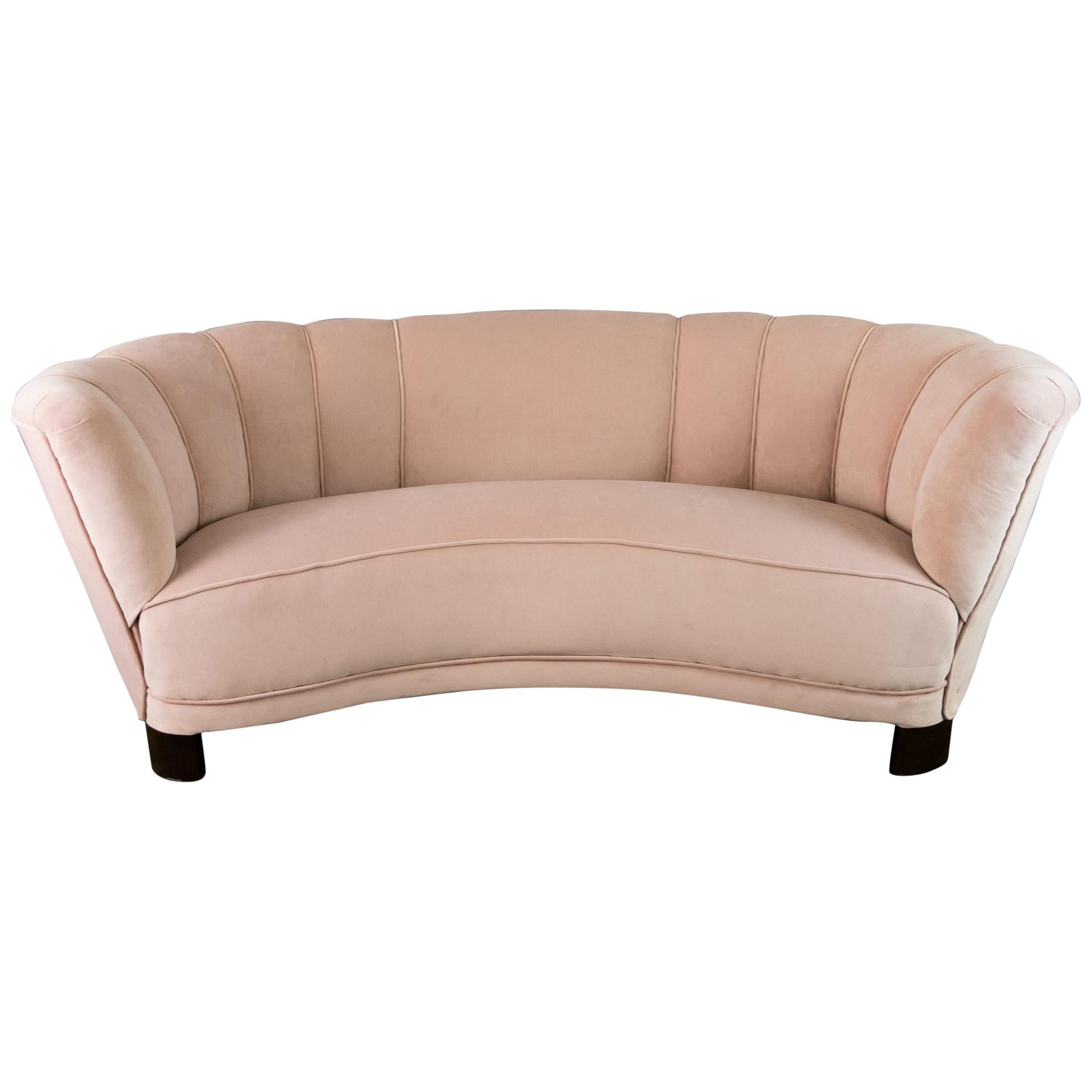 1940s Danish Banana Shaped Scalloped Sofa in Blush Pink