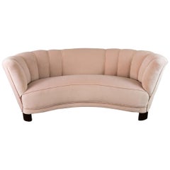 1940s Danish Banana Shaped Scalloped Sofa in Blush Pink