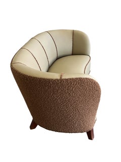 1940s Danish Banana Style Sofa in Taupe Leather and Chocolate Bouclé