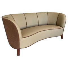 1940s Danish Banana Style Sofa in Taupe Leather and Chocolate Bouclé