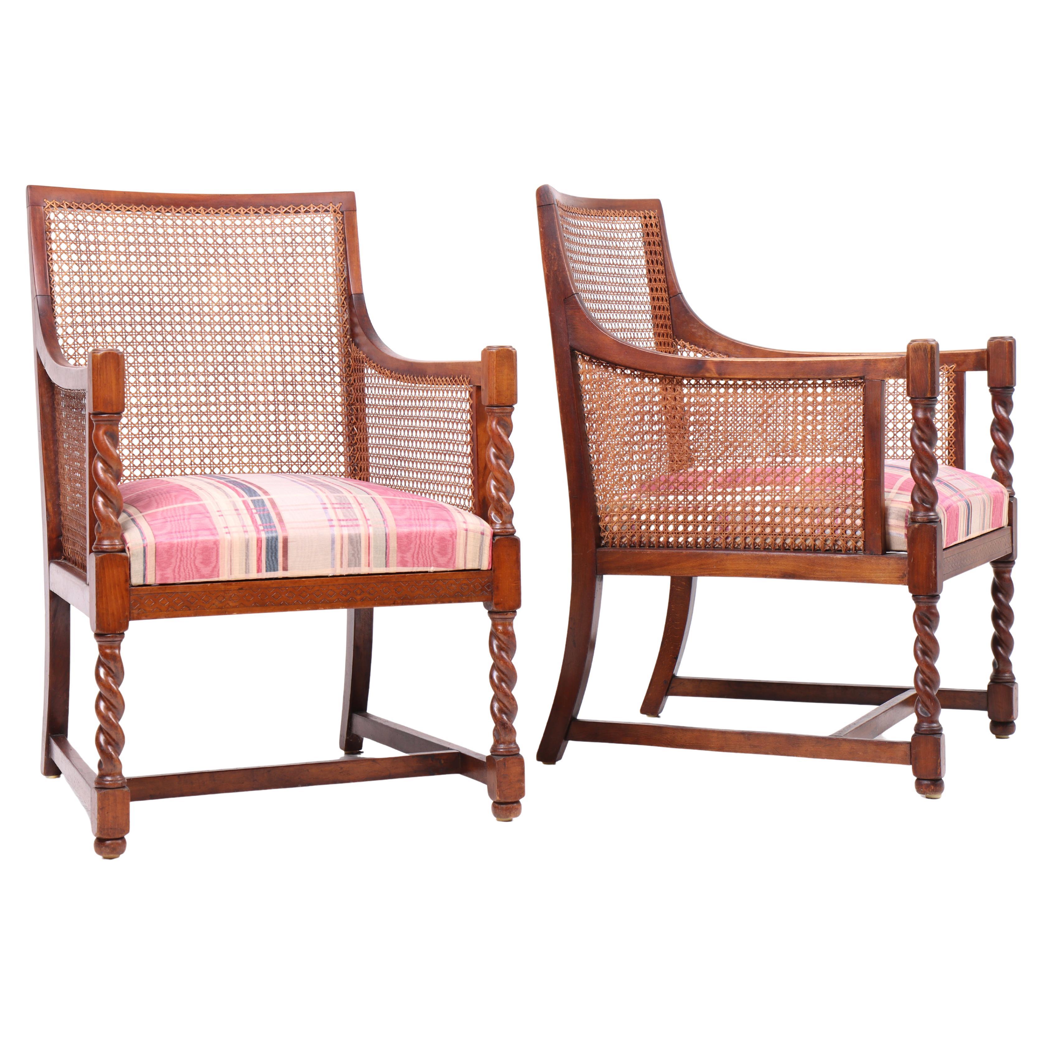 1940s Danish bergère chairs with French cane and stained beechwood frame