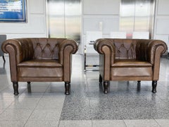 1940s Danish Brown Leather Tufted Club Chairs - A Pair