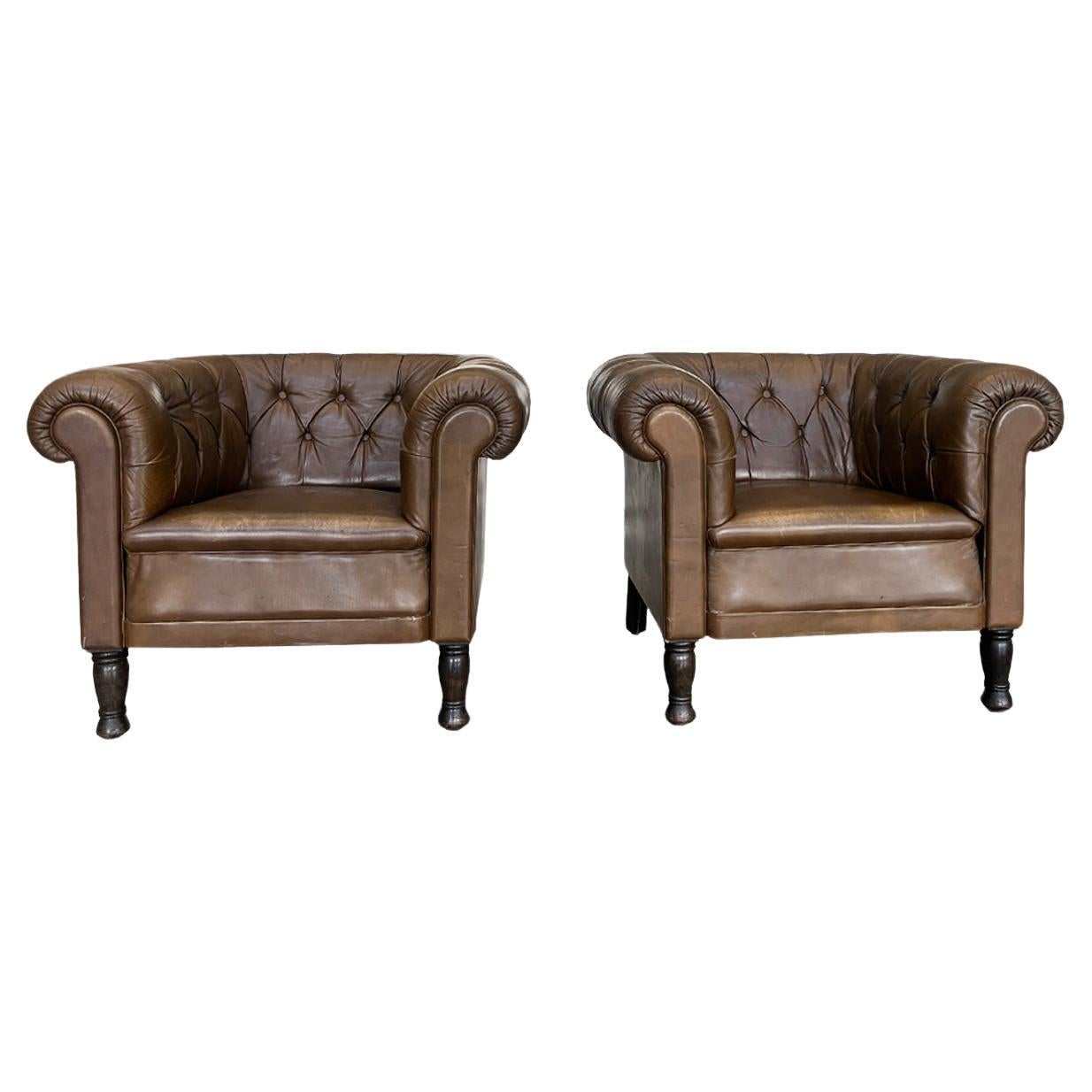 1940s Danish Brown Leather Tufted Club Chairs - A Pair
