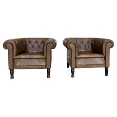 1940s Danish Brown Leather Tufted Club Chairs - A Pair