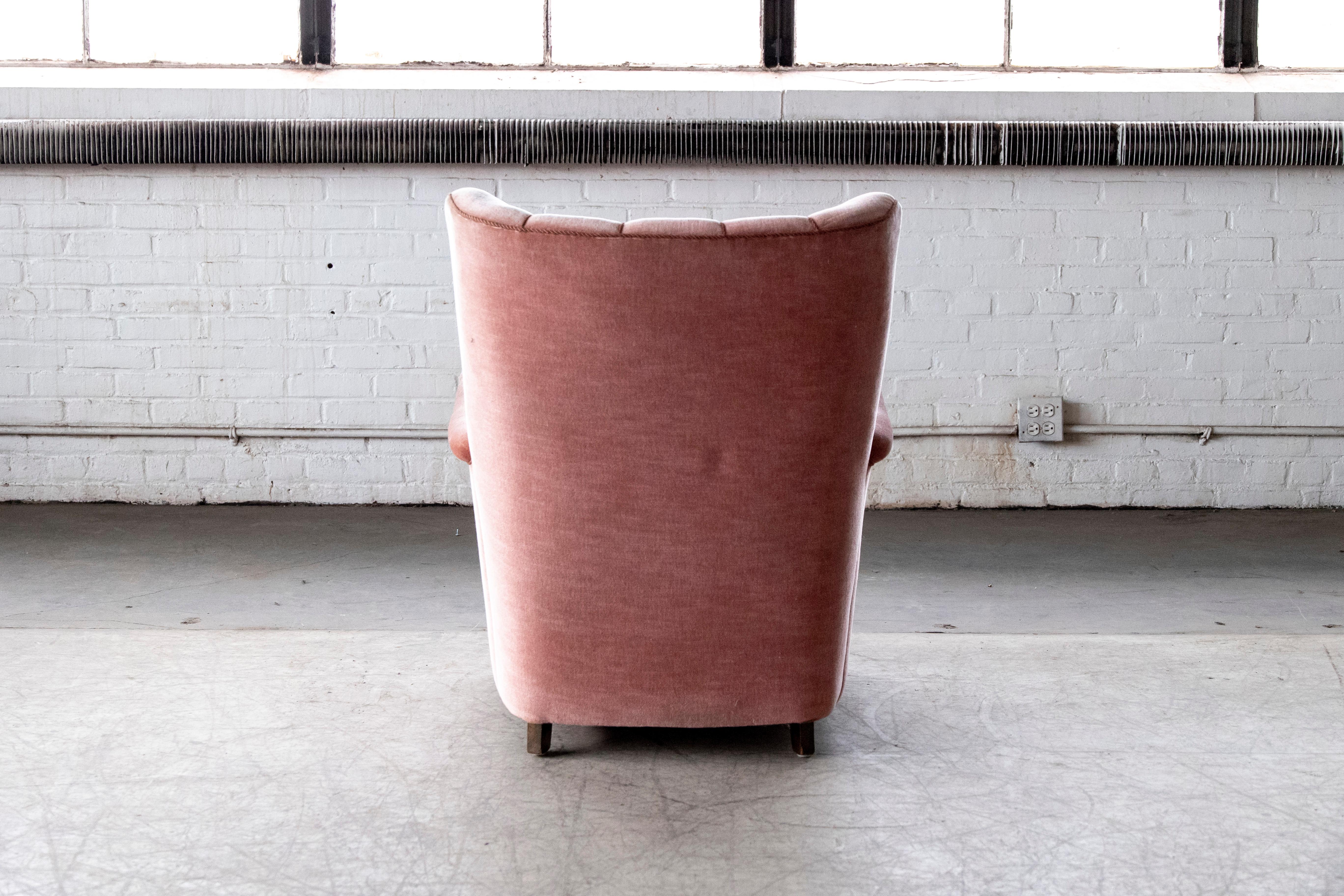1940s Danish Channel Back Lounge Chair in Pink Mohair 5