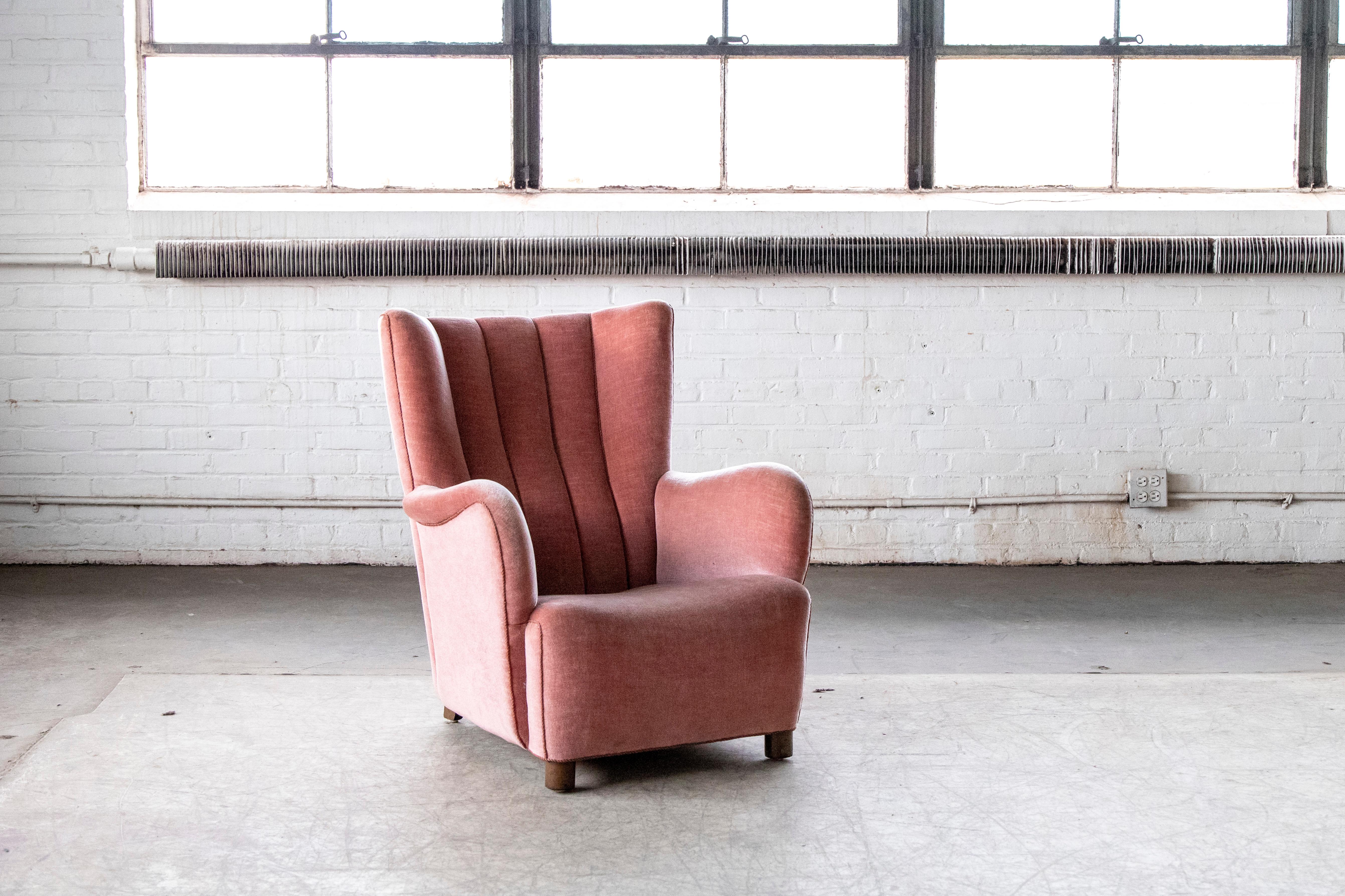 Mid-Century Modern 1940s Danish Channel Back Lounge Chair in Pink Mohair