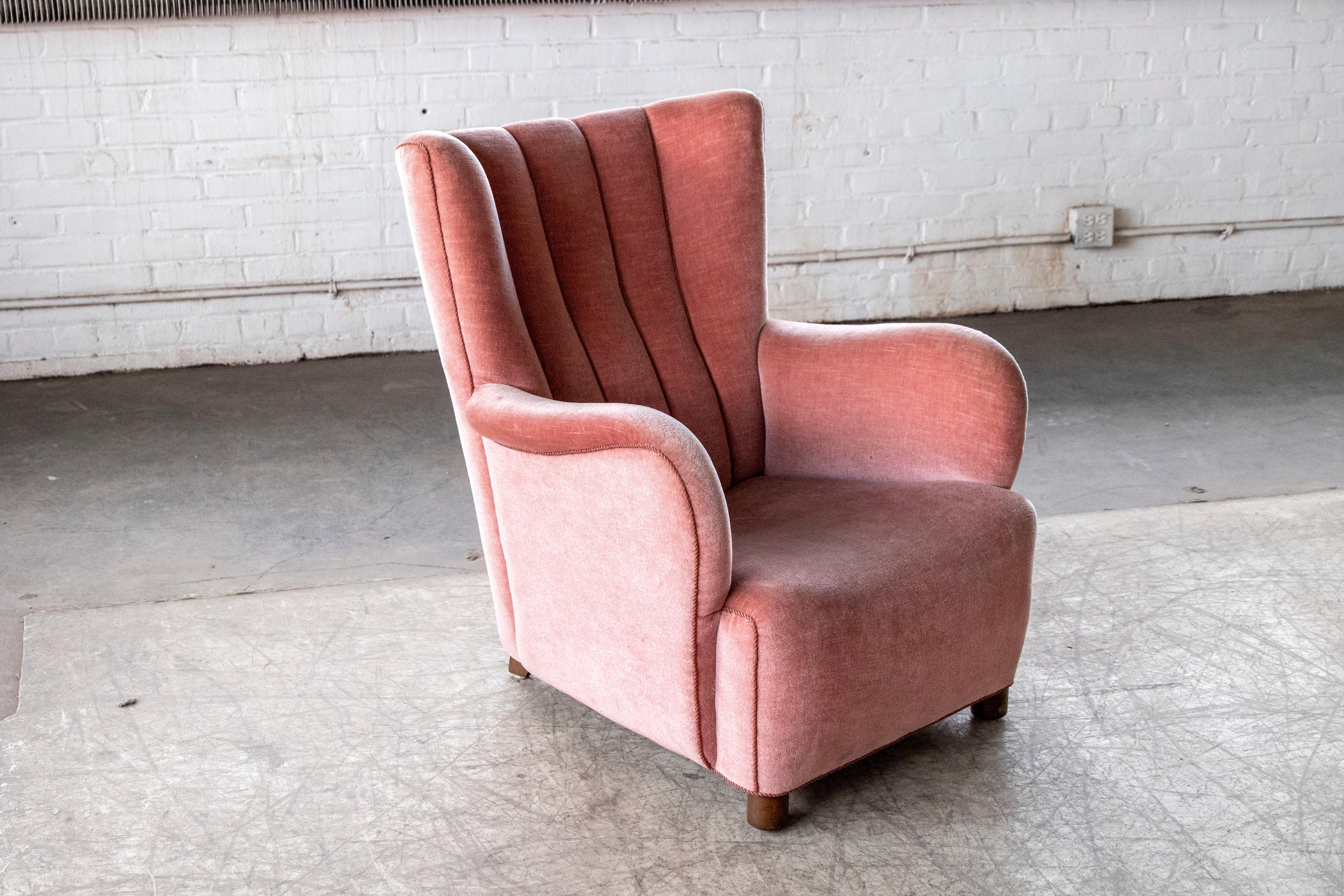 1940s Danish Channel Back Lounge Chair in Pink Mohair In Good Condition In Bridgeport, CT