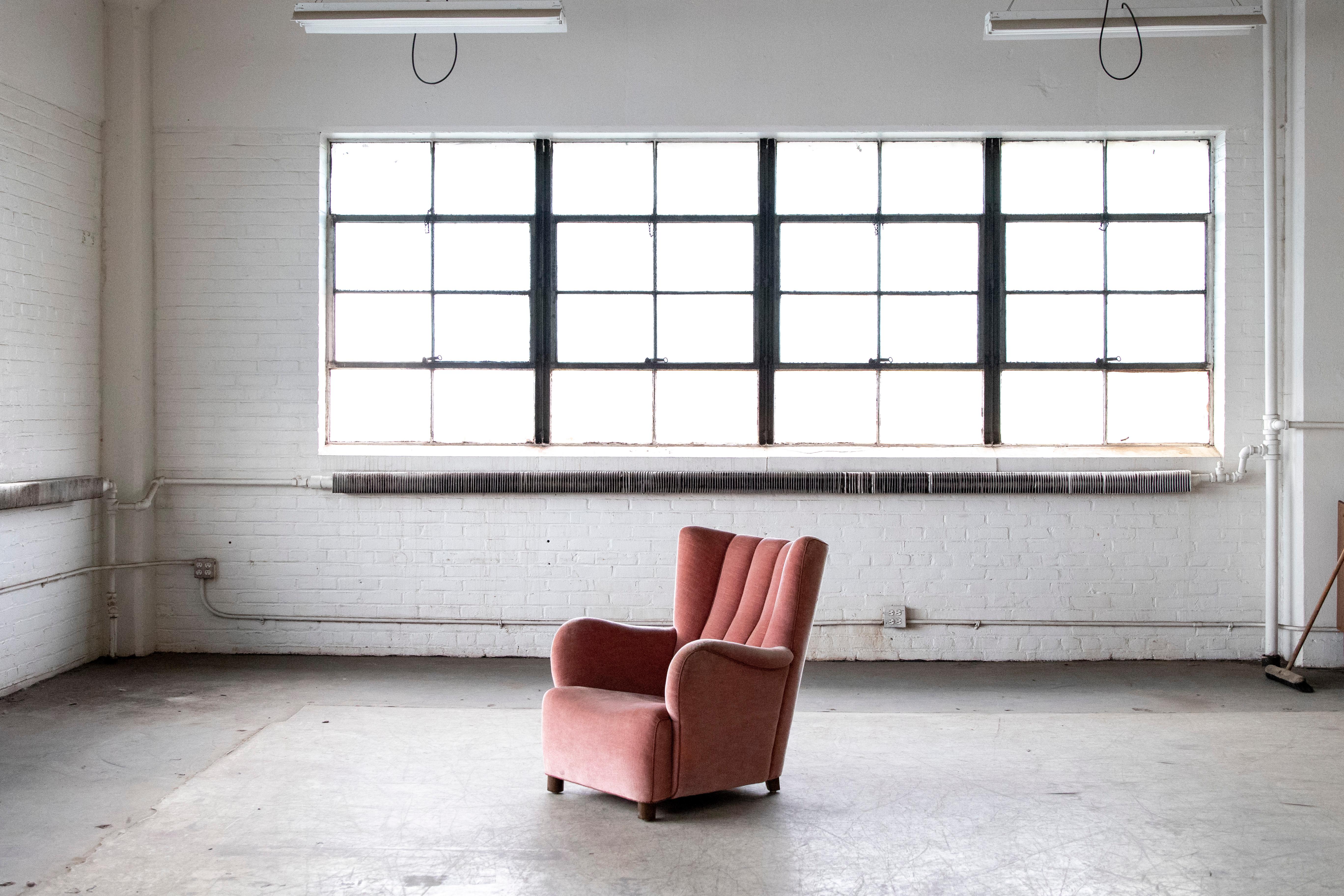 Mid-20th Century 1940s Danish Channel Back Lounge Chair in Pink Mohair
