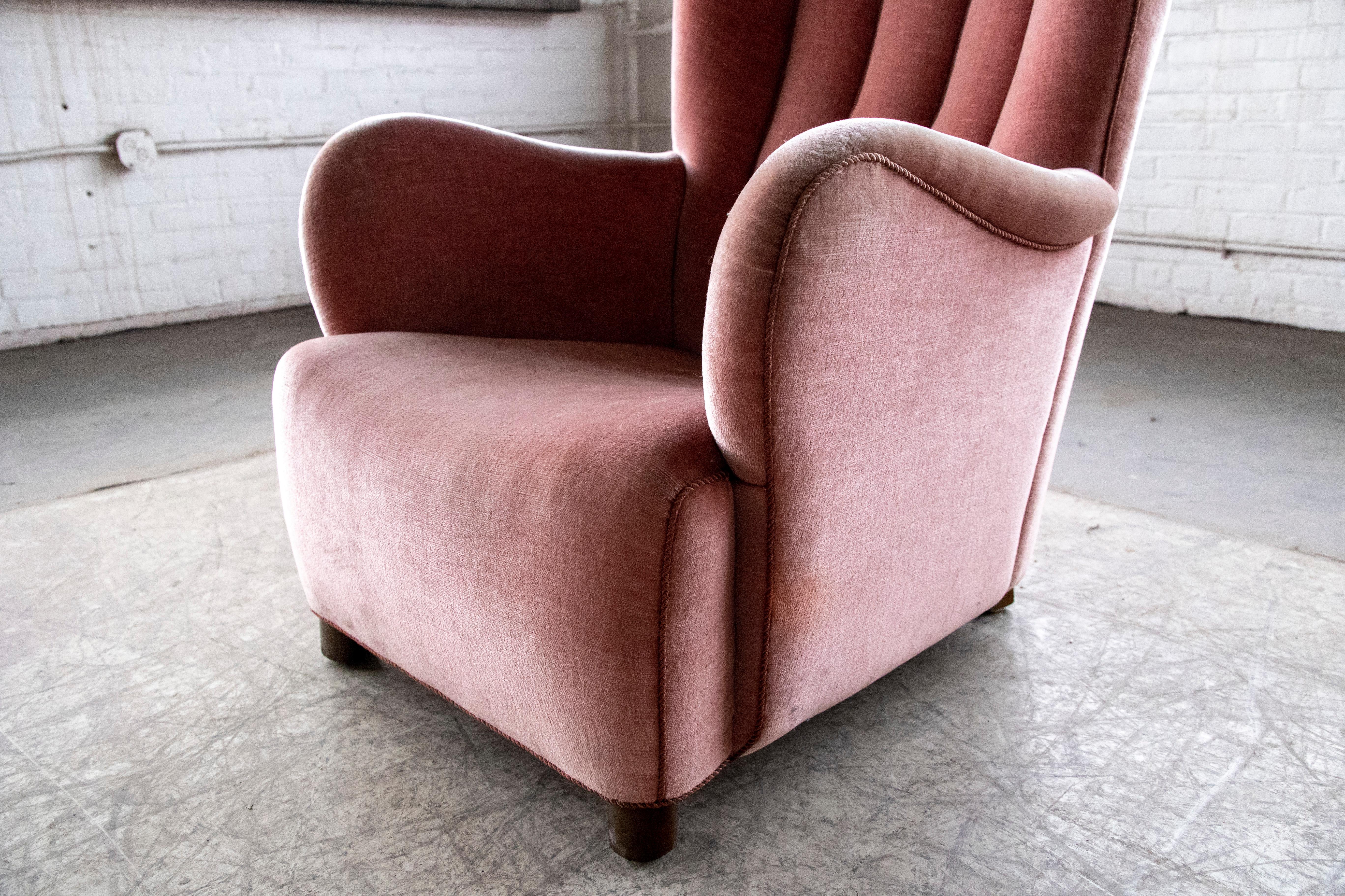 1940s Danish Channel Back Lounge Chair in Pink Mohair 1