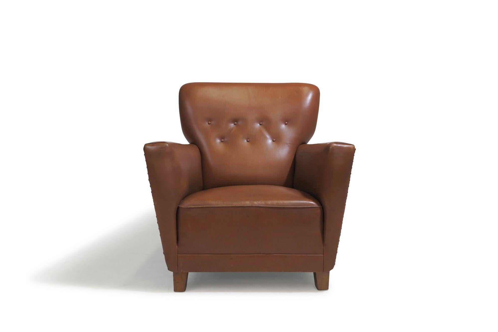 Scandinavian Modern 1940's Danish Deco Lounge Chair in Original Leather For Sale