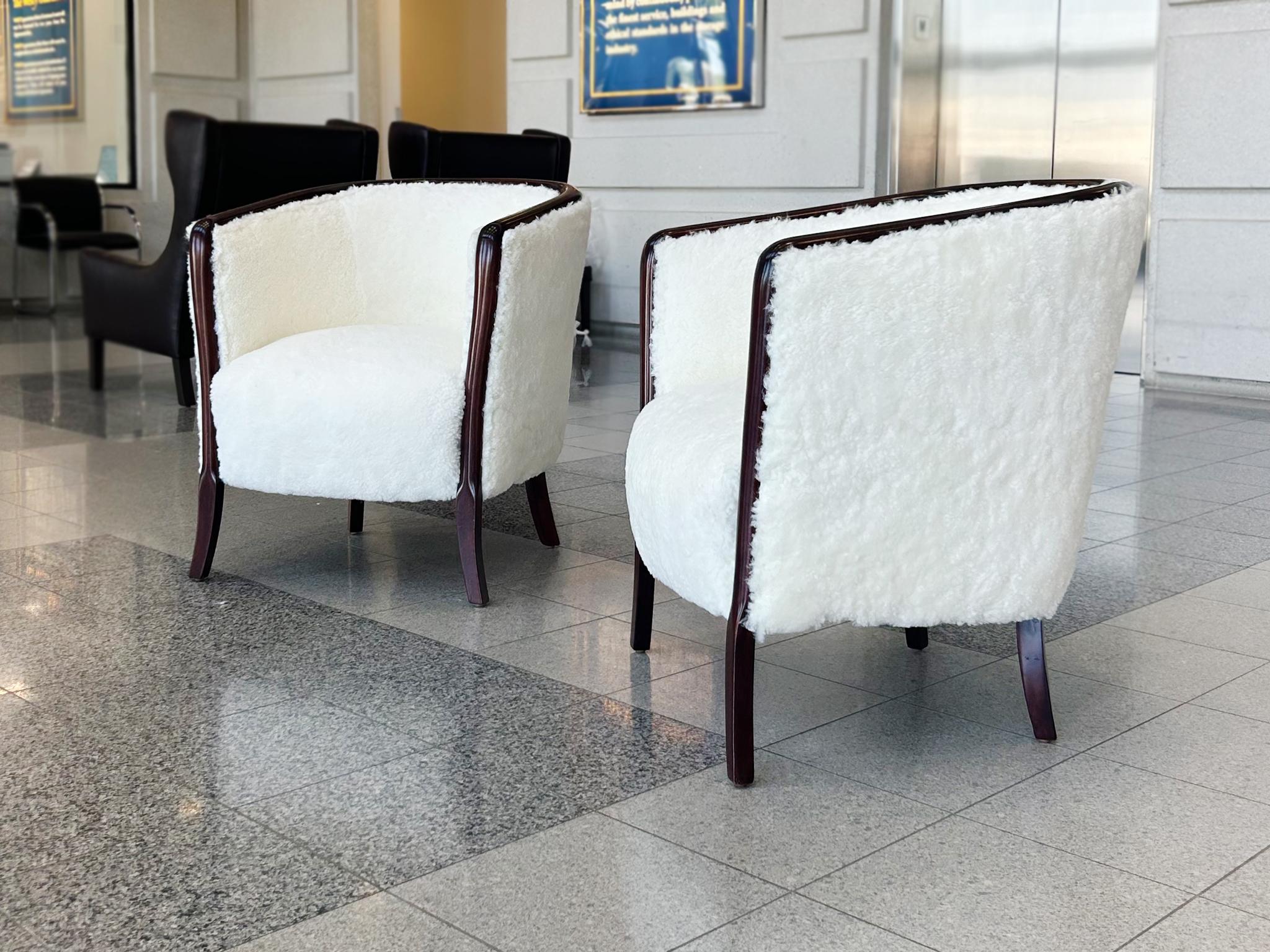 Art Deco 1940s Danish Deco Walnut Club Chairs in Shearling - A Pair For Sale
