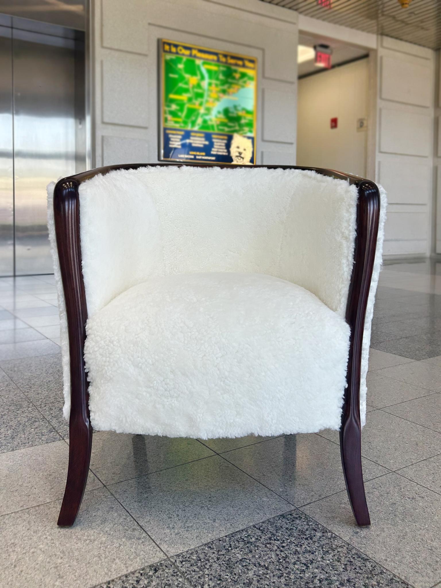 Hand-Crafted 1940s Danish Deco Walnut Club Chairs in Shearling - A Pair For Sale
