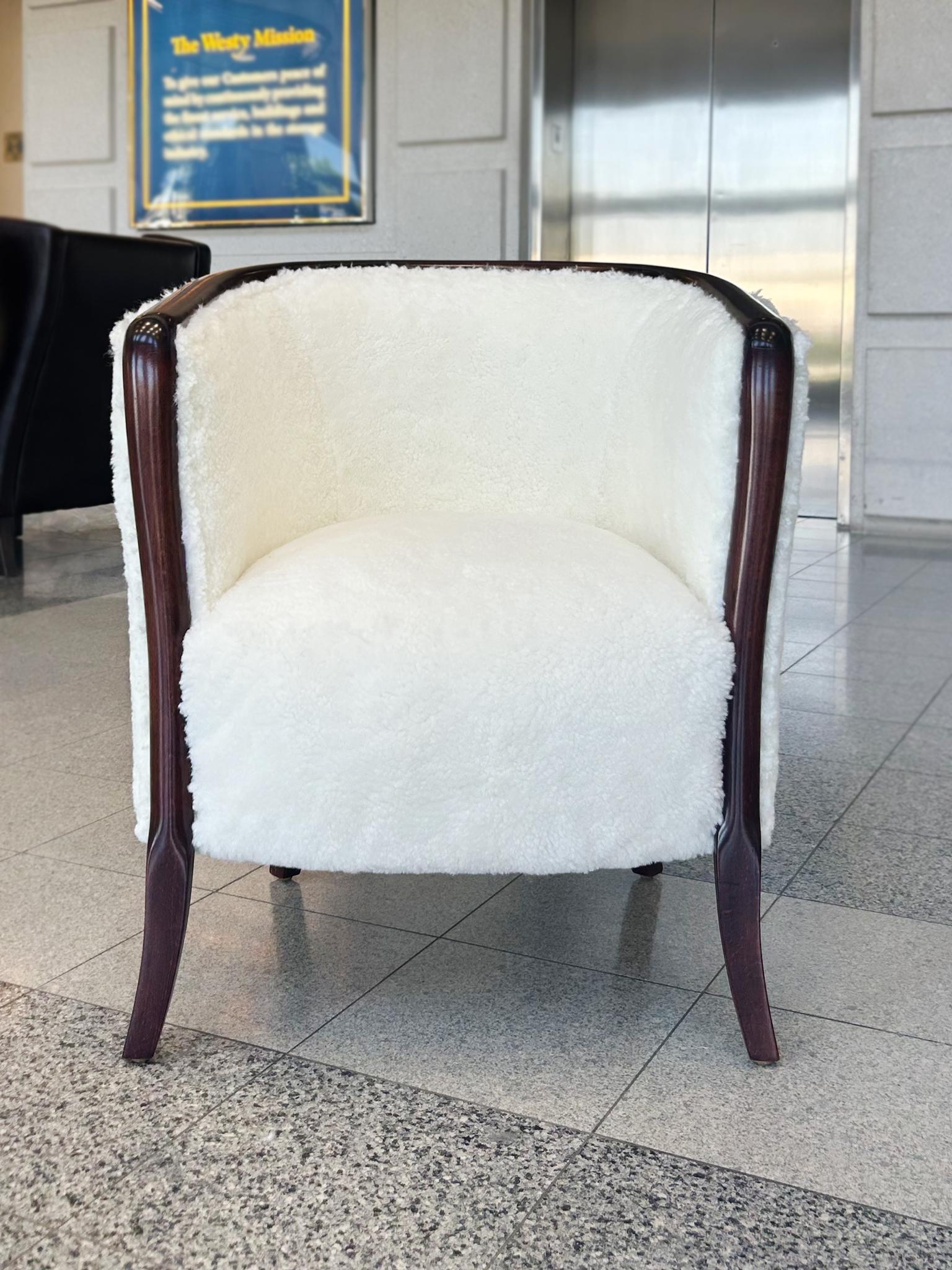 1940s Danish Deco Walnut Club Chairs in Shearling - A Pair In Good Condition For Sale In New York, NY