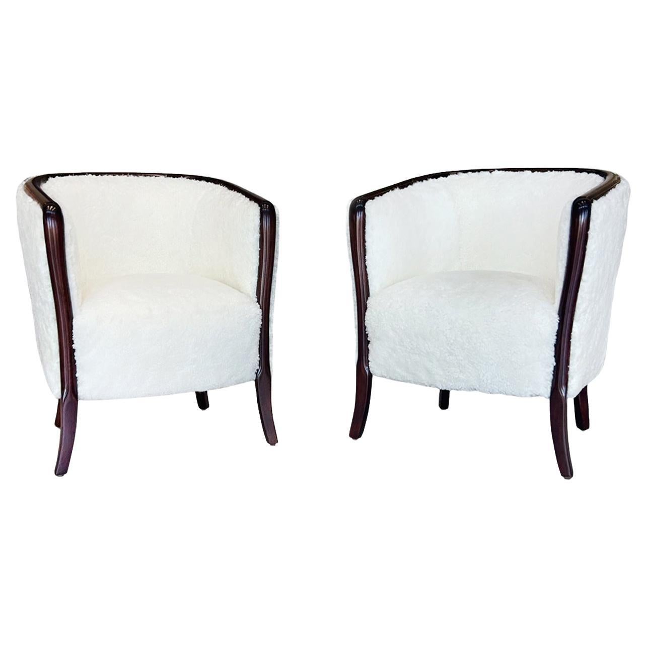 1940s Danish Deco Walnut Club Chairs in Shearling - A Pair For Sale