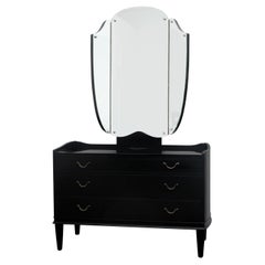 1940s Danish Ebonised Vanity Dressing Table with Triptych Mirror & Brass Handles