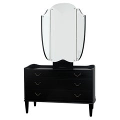 Vintage 1940s Danish Ebonised Vanity Dressing Table with Triptych Mirror & Brass Handles