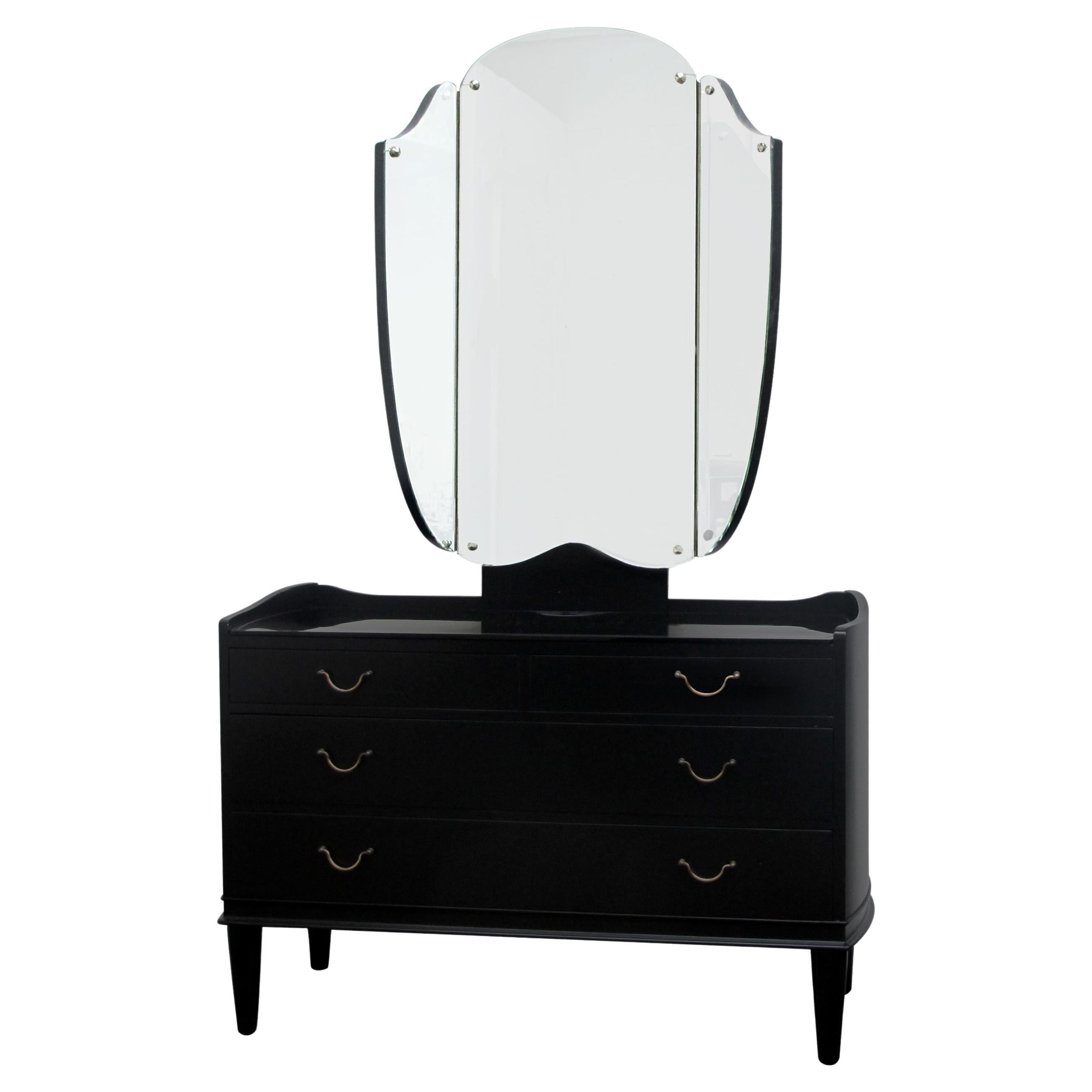 1940s Danish Ebonised Vanity Dressing Table With Triptych Mirror For Sale