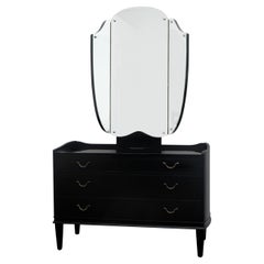 1940s Danish Ebonised Vanity Dressing Table With Triptych Mirror