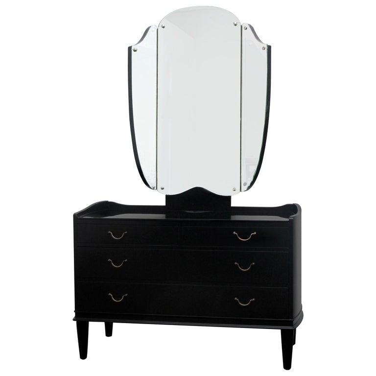 1940s Danish Ebonized Vanity Dressing Table with Triptych Mirror Glass Etch  Top For Sale at 1stDibs