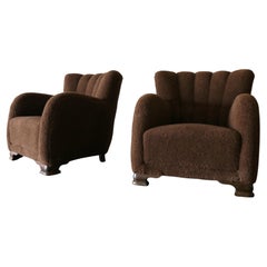 1940s Danish Flemming Lassen Style Sheepskin Lounge Chair Pair