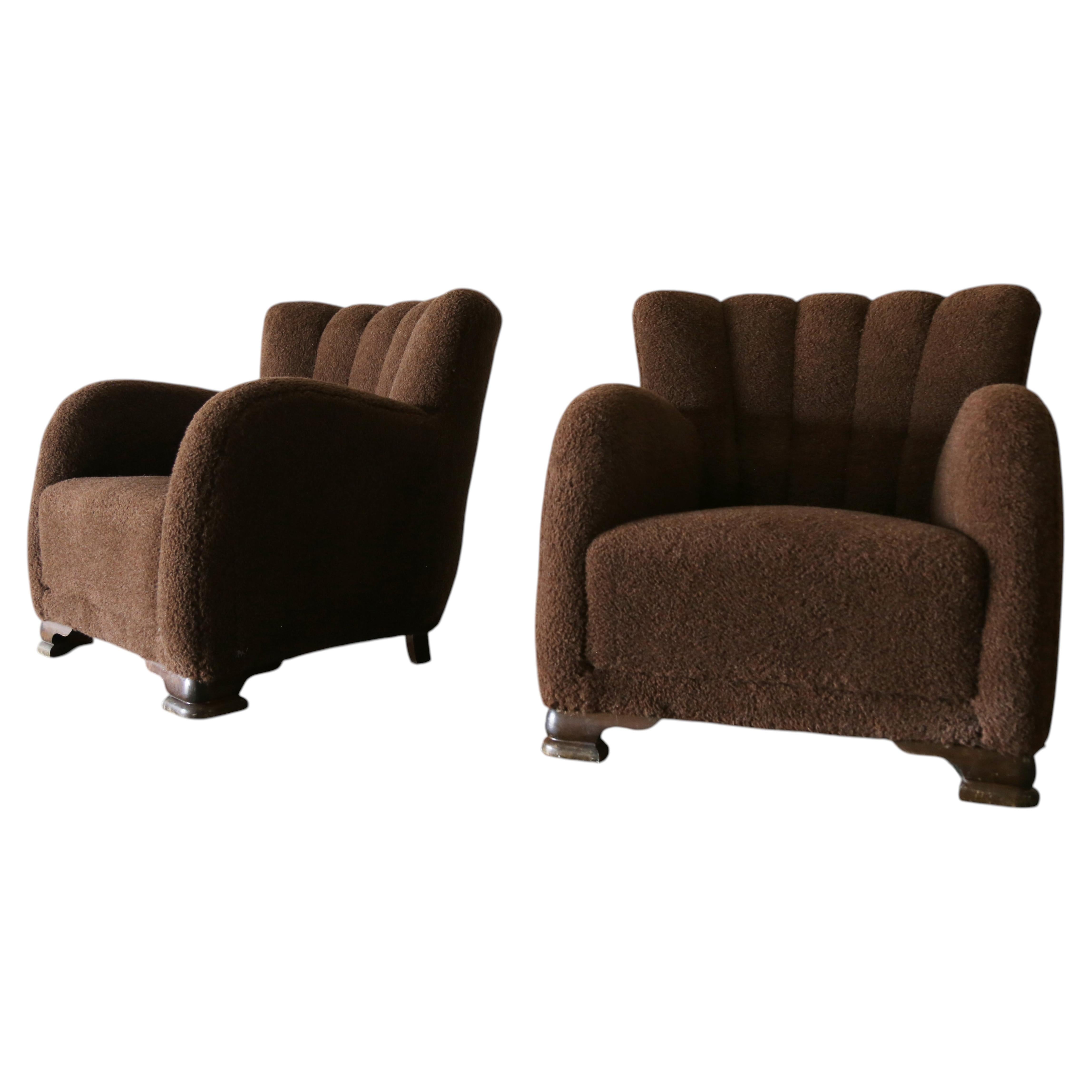 1940s Danish Flemming Lassen Style Sheepskin Lounge Chair Pair