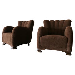 1940s Danish Flemming Lassen Style Sheepskin Lounge Chair Pair